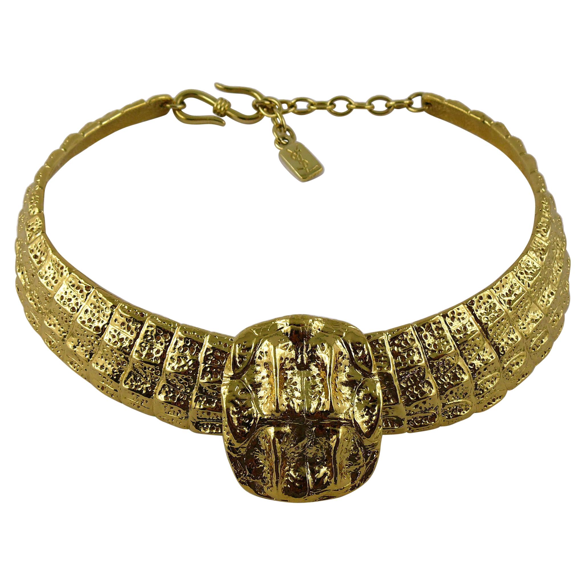 Yves Saint Laurent YSL Vintage Gold Toned Croc Choker Necklace For Sale