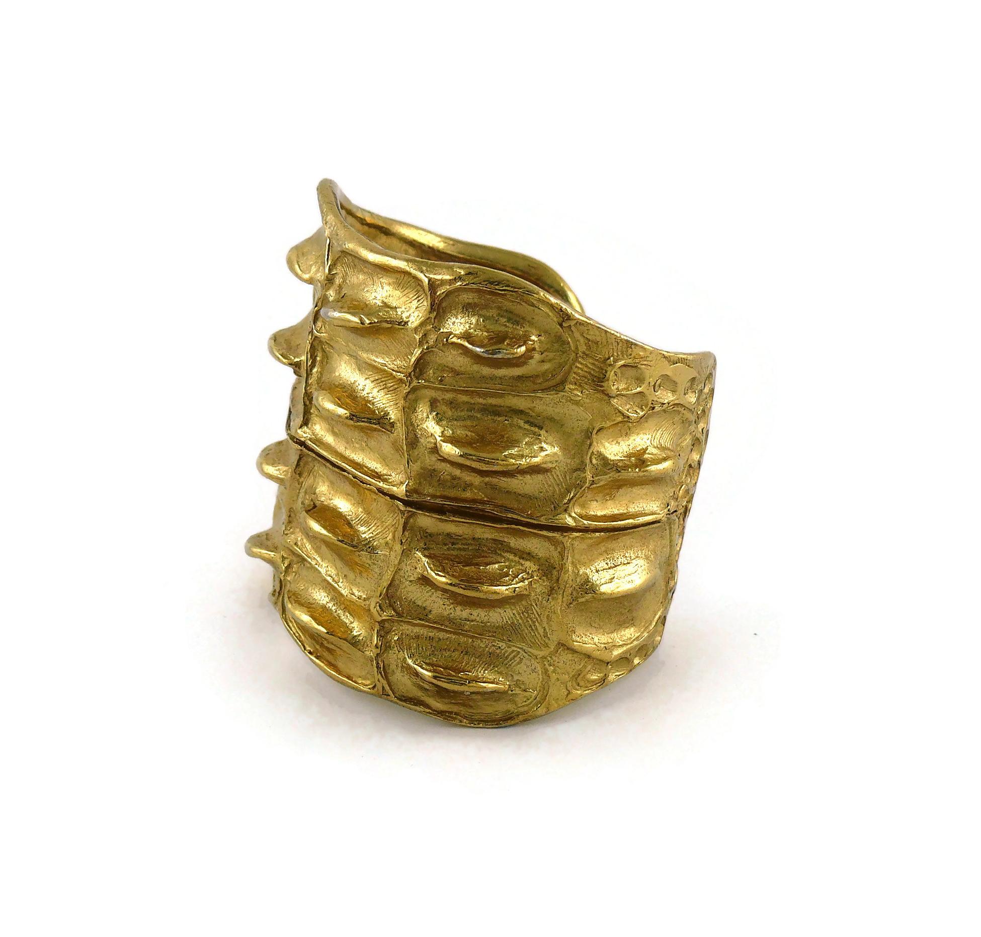 Women's Yves Saint Laurent YSL Vintage Gold Toned Crocodile Pattern Cuff Bracelet