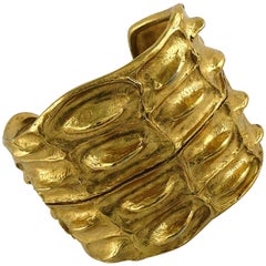 Yves Saint Laurent YSL Vintage Gold Toned Crocodile Pattern Cuff Bracelet