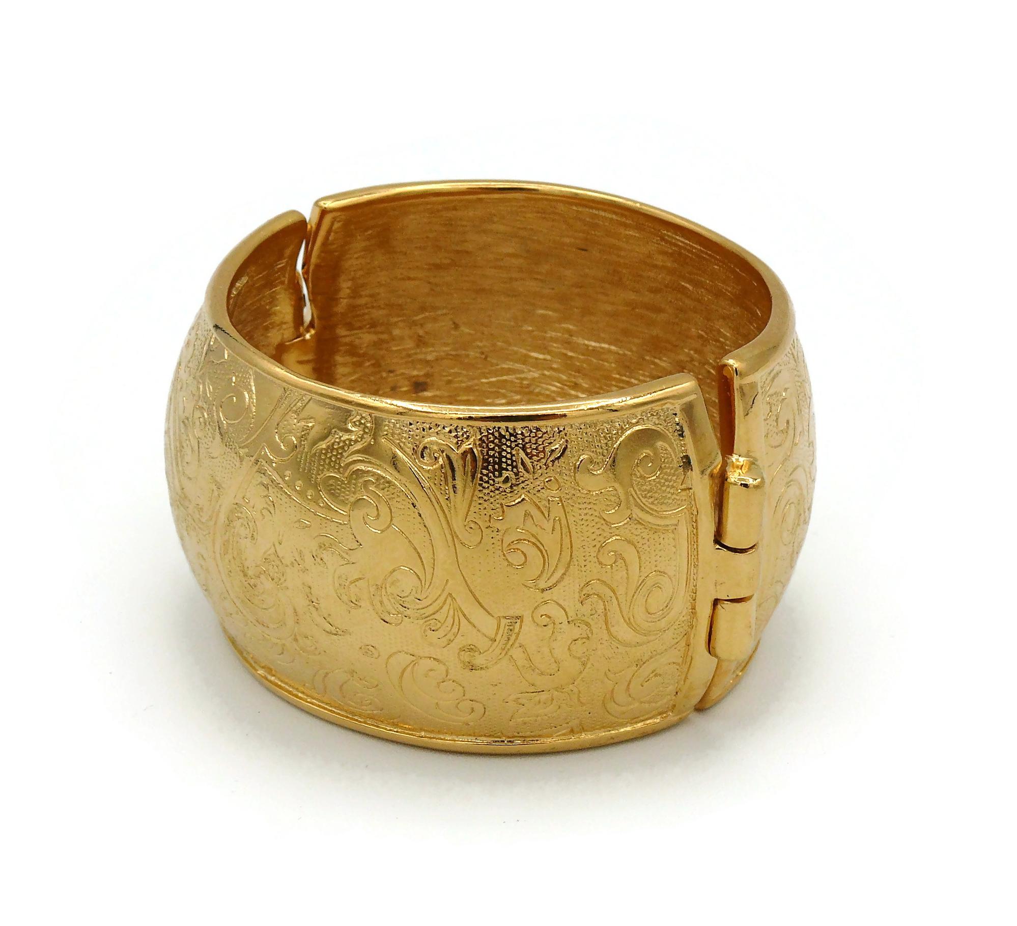 Women's Yves Saint Laurent YSL Vintage Gold Toned Floral Arabesques Cuff Bracelet For Sale
