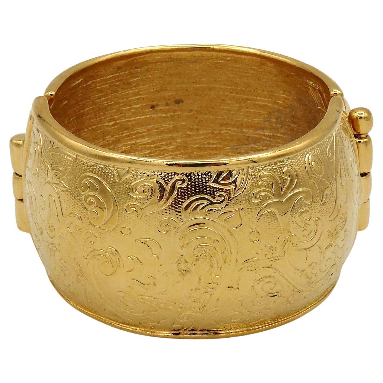 Yves Saint Laurent YSL Vintage Gold Toned Floral Arabesques Cuff Bracelet For Sale