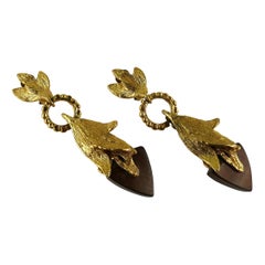 Yves Saint Laurent YSL Vintage Gold Toned Foliage Exotic Wood Dangling Earrings