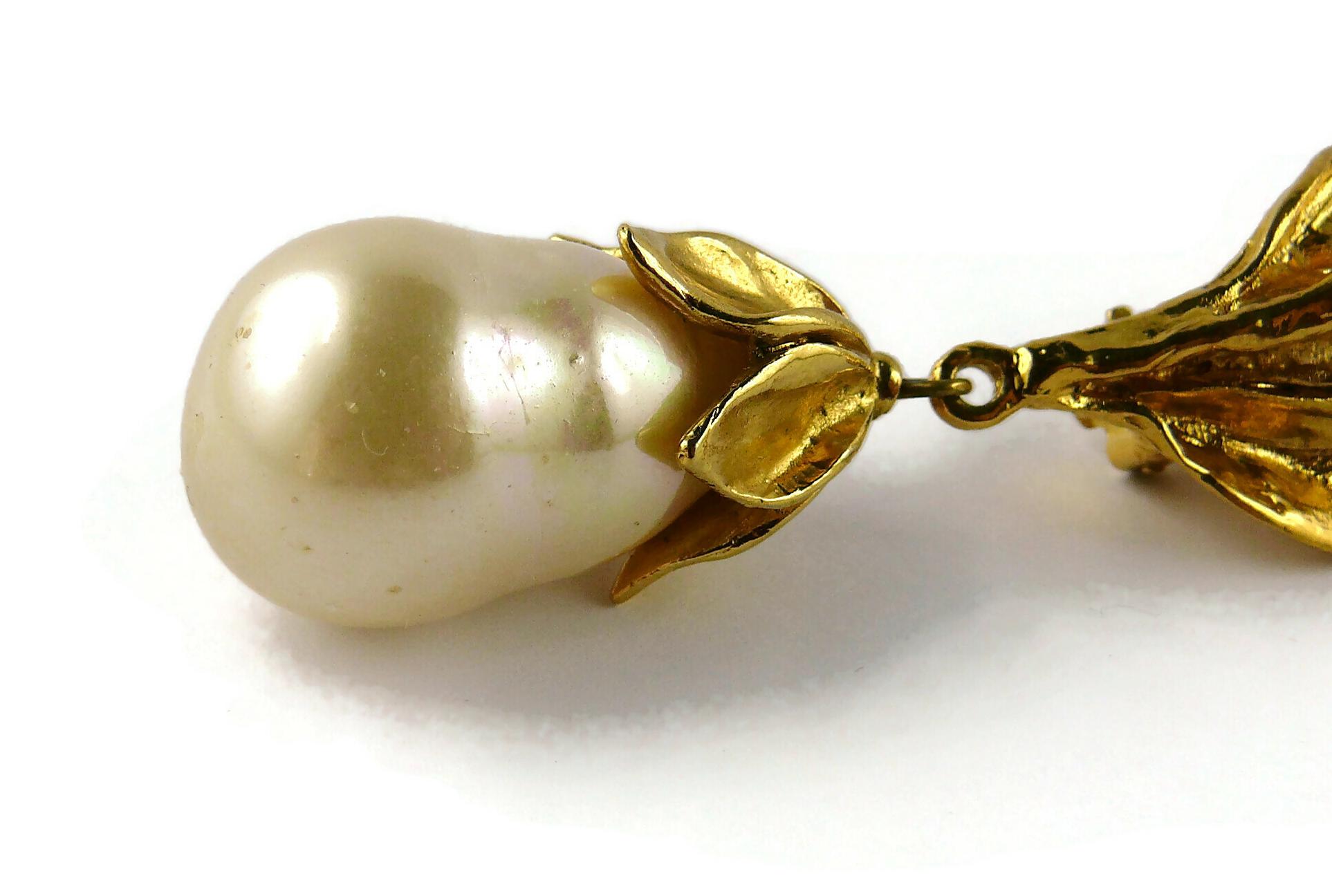 Yves Saint Laurent YSL Vintage Gold Toned Foliage Pearl Drop Dangling Earrings 3