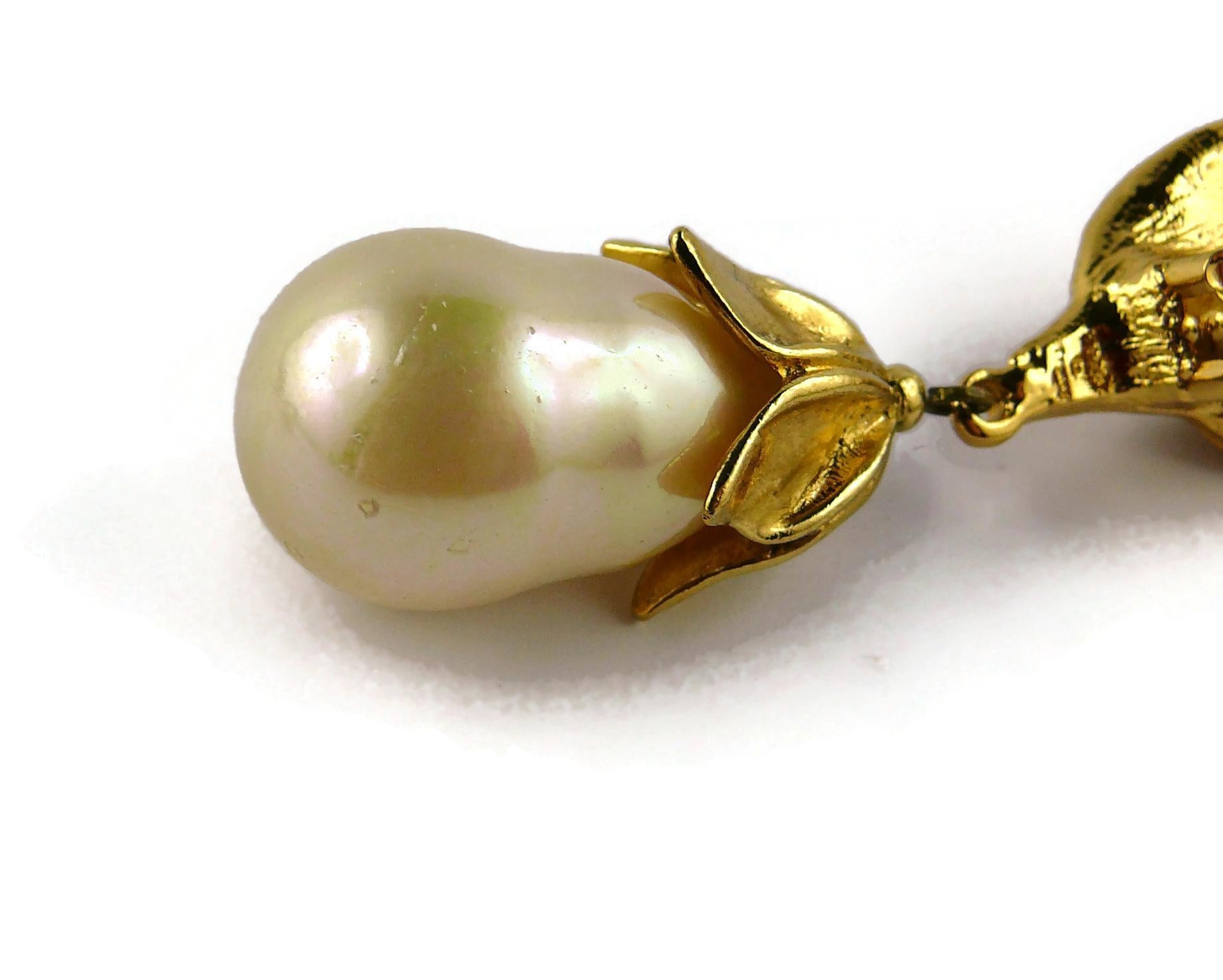 Yves Saint Laurent YSL Vintage Gold Toned Foliage Pearl Drop Dangling Earrings 7
