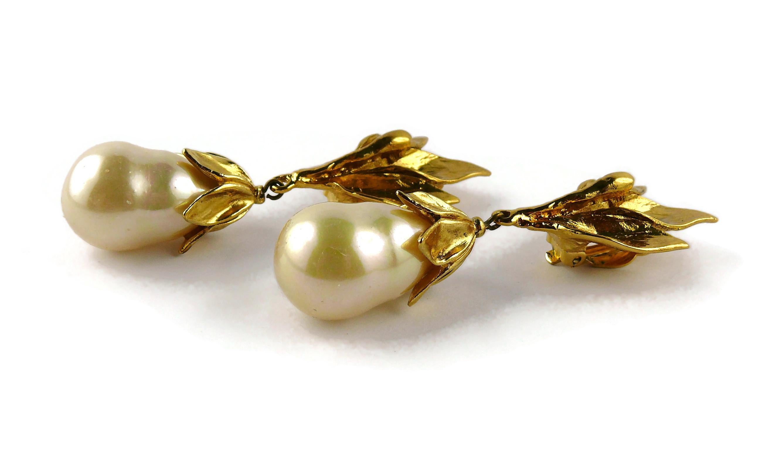 Women's Yves Saint Laurent YSL Vintage Gold Toned Foliage Pearl Drop Dangling Earrings