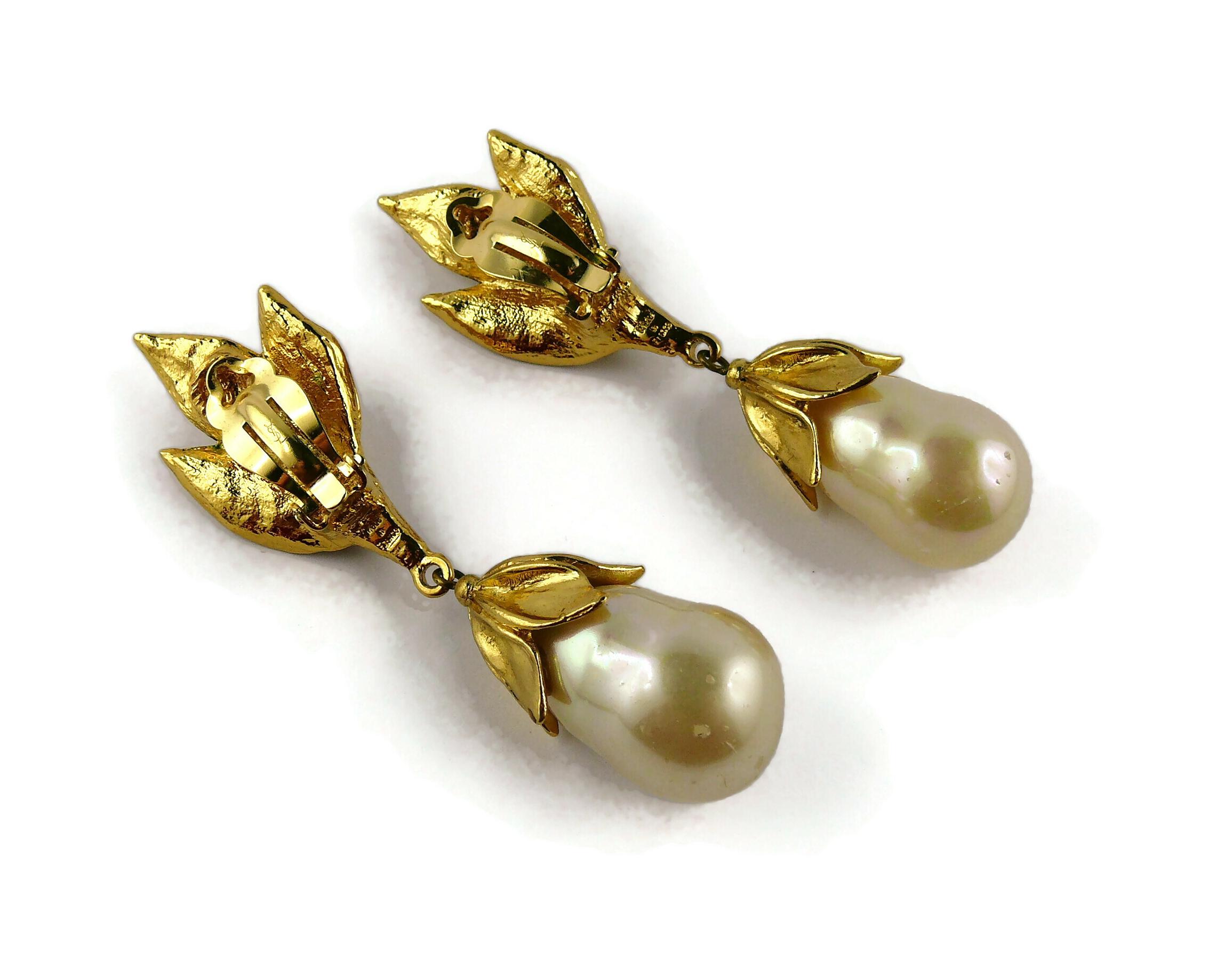 Yves Saint Laurent YSL Vintage Gold Toned Foliage Pearl Drop Dangling Earrings 1