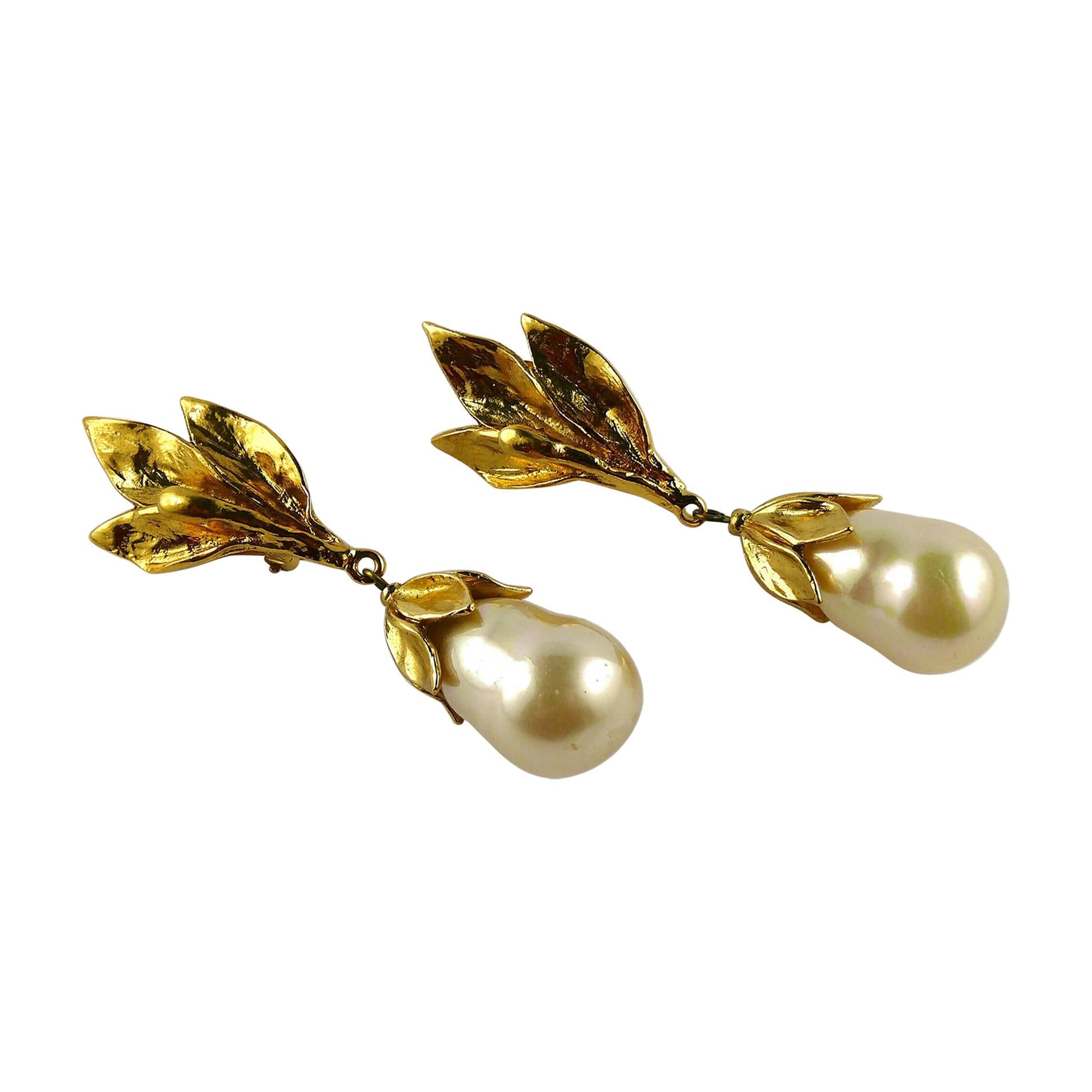 Yves Saint Laurent YSL Vintage Gold Toned Foliage Pearl Drop Dangling Earrings