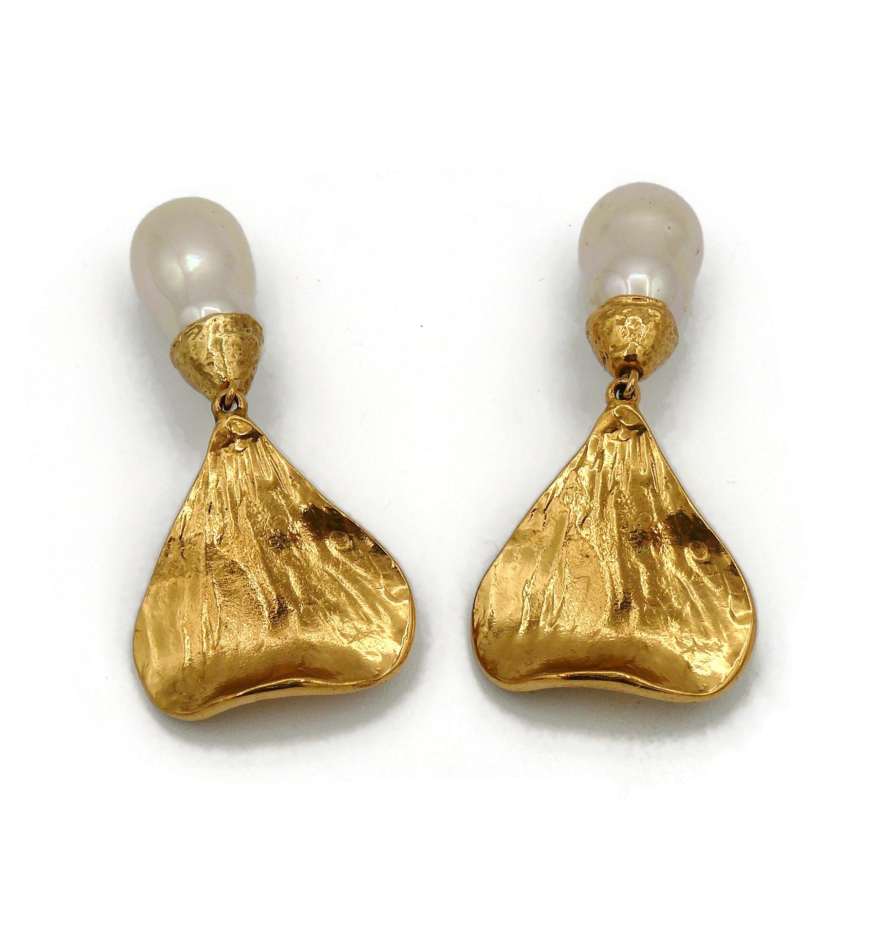 Women's Yves Saint Laurent YSL Vintage Gold Toned Heart and Pearl Dangling Earrings For Sale