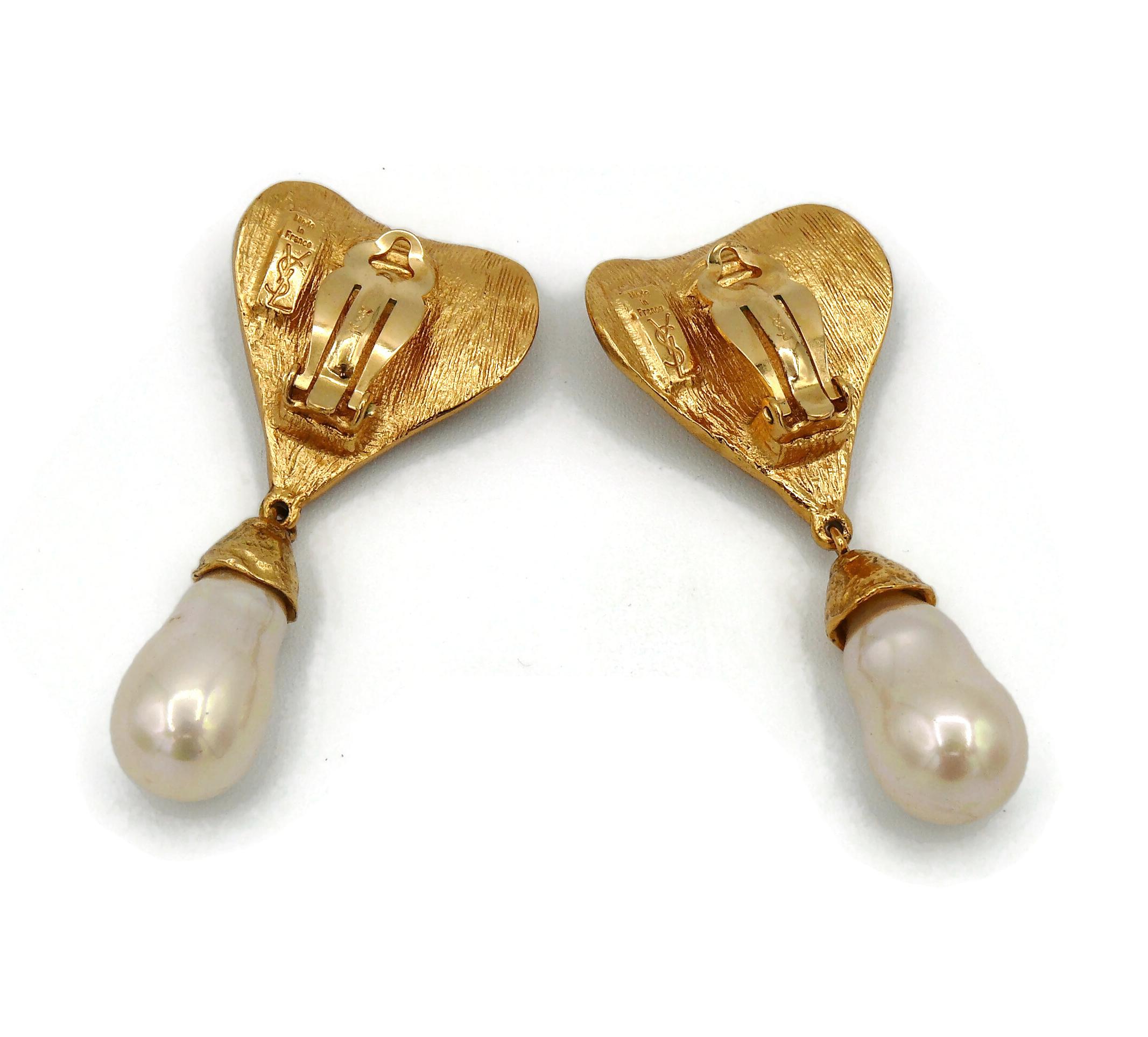 Yves Saint Laurent YSL Vintage Gold Toned Heart and Pearl Dangling Earrings For Sale 1