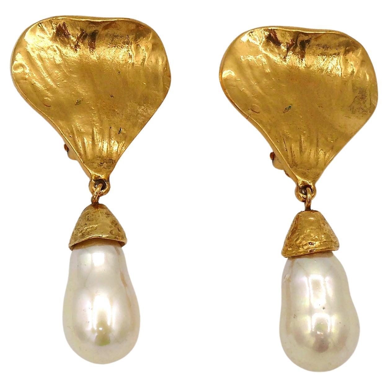 Yves Saint Laurent YSL Vintage Gold Toned Heart and Pearl Dangling Earrings For Sale