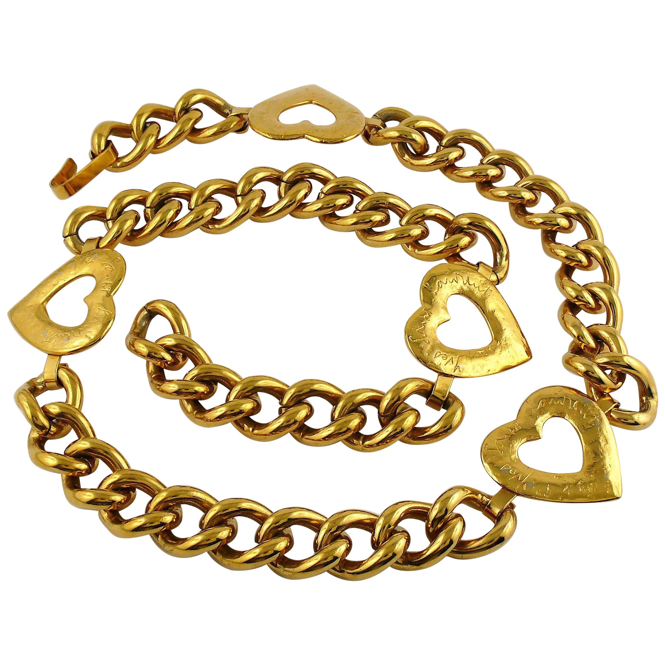 Yves Saint Laurent YSL Vintage Gold Toned Heart Chain Necklace Belt