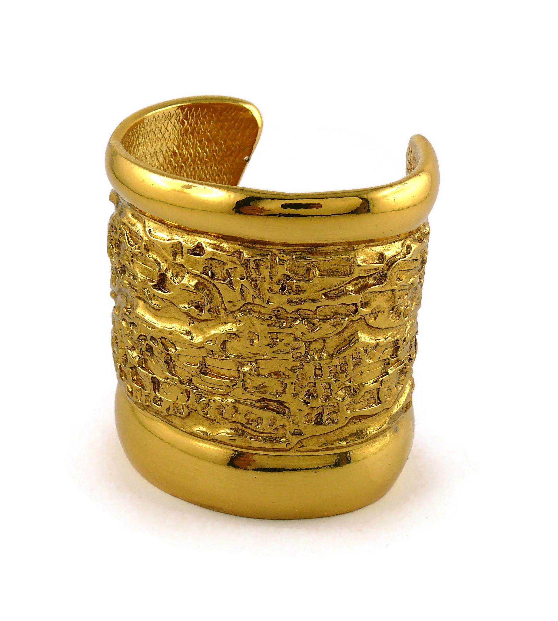 Women's Yves Saint Laurent YSL Vintage Gold Toned Lava Textured Wide Cuff Bracelet