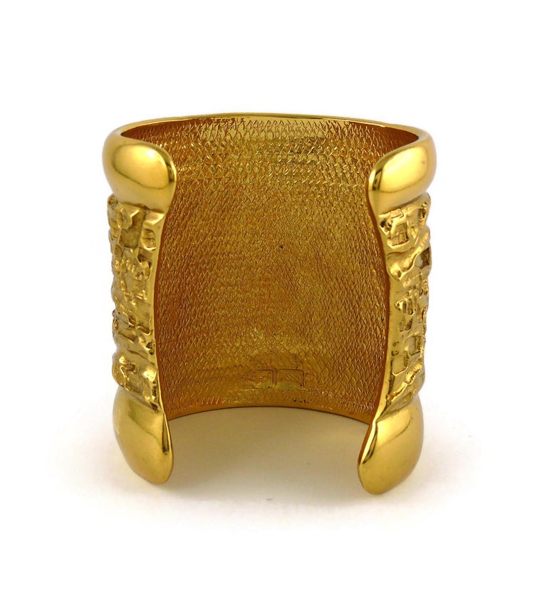 Yves Saint Laurent YSL Vintage Gold Toned Lava Textured Wide Cuff