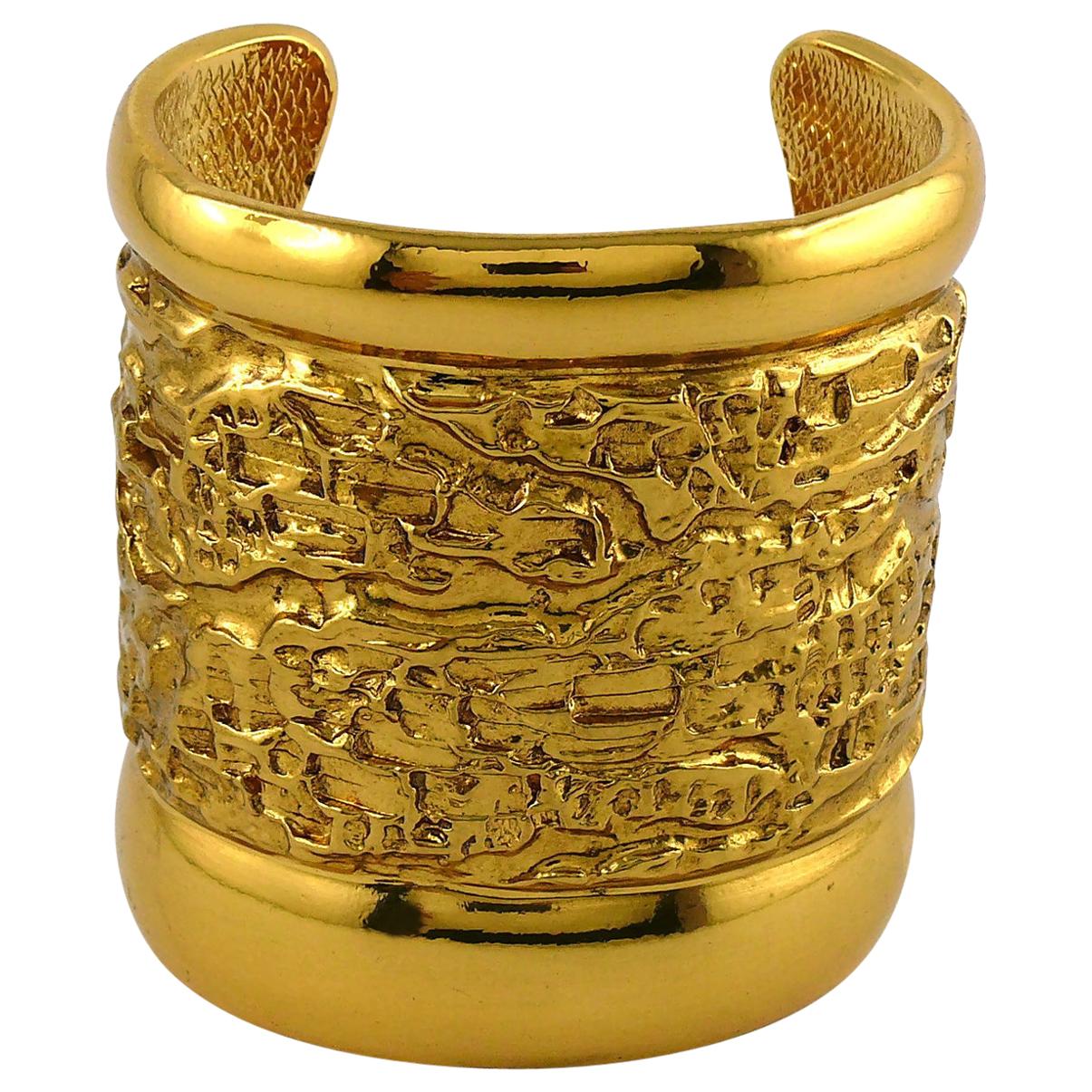 Yves Saint Laurent YSL Vintage Gold Toned Lava Textured Wide Cuff Bracelet