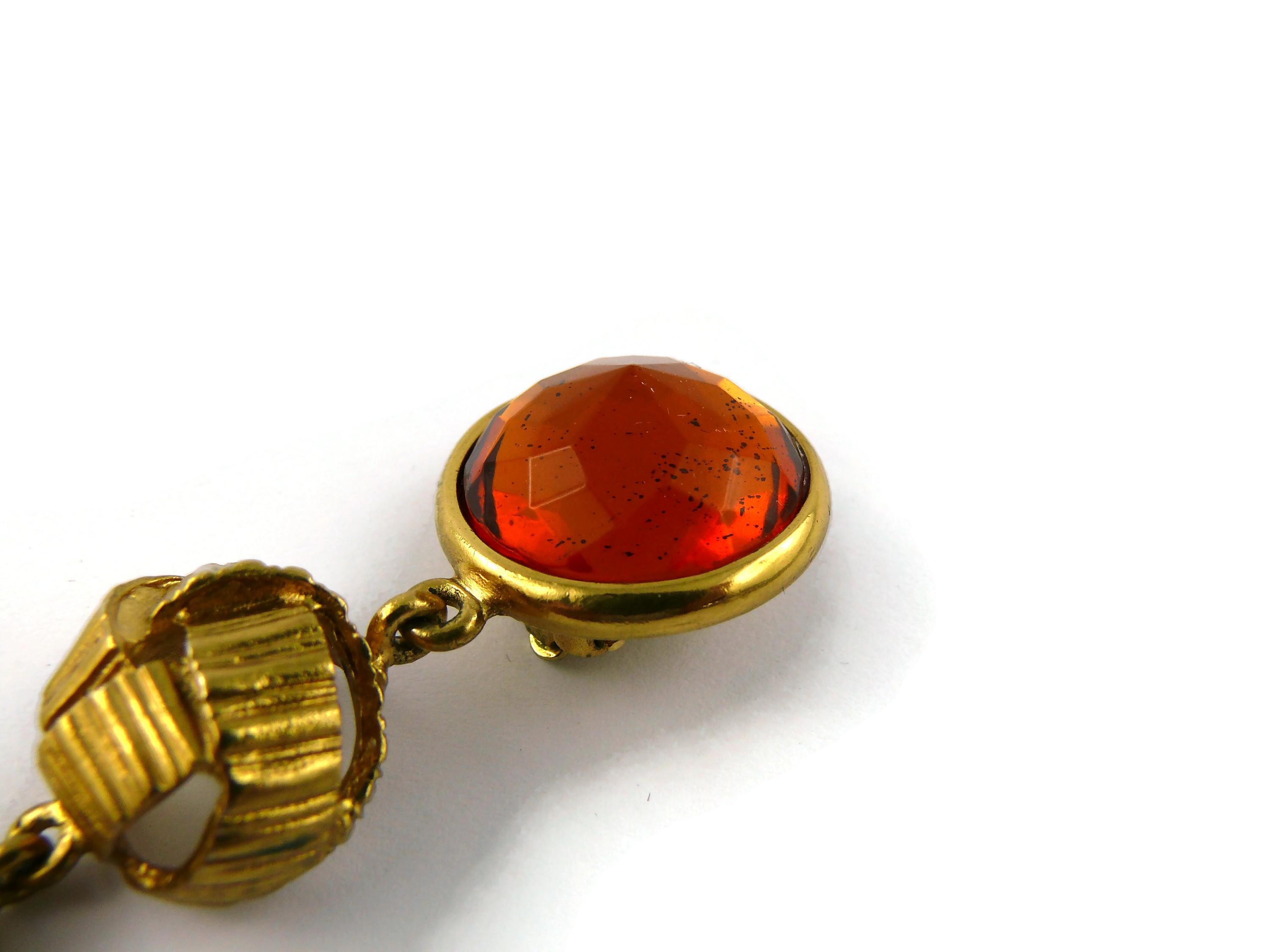 Yves Saint Laurent YSL Vintage Gold Toned Orange Resin Crystal Dangling Earrings For Sale 11