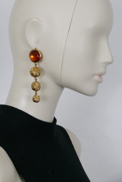 Yves Saint Laurent YSL Vintage Gold Toned Orange Resin Crystal Dangling Earrings
