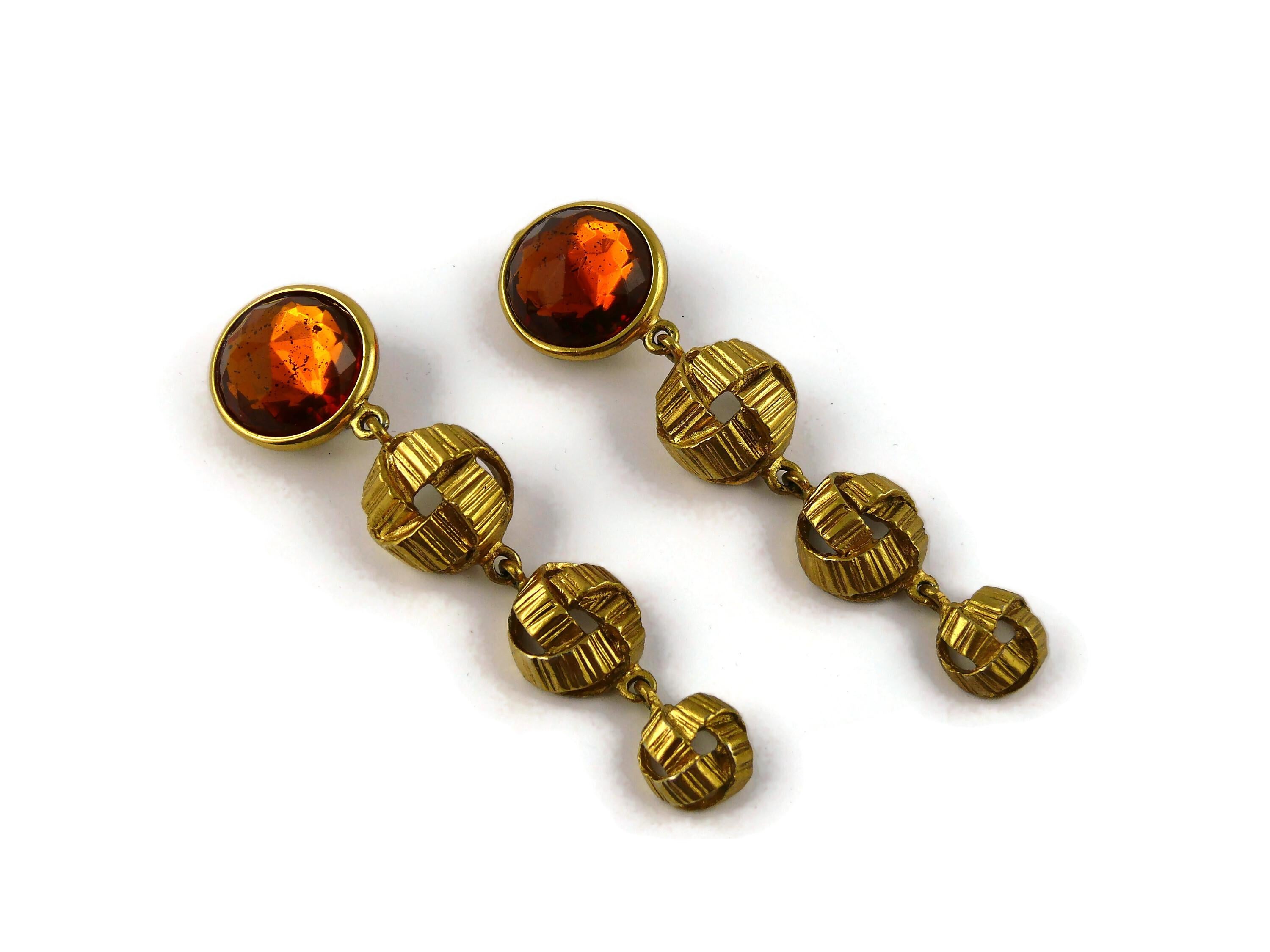 Yves Saint Laurent YSL Vintage Gold Toned Orange Resin Crystal Dangling Earrings For Sale 1