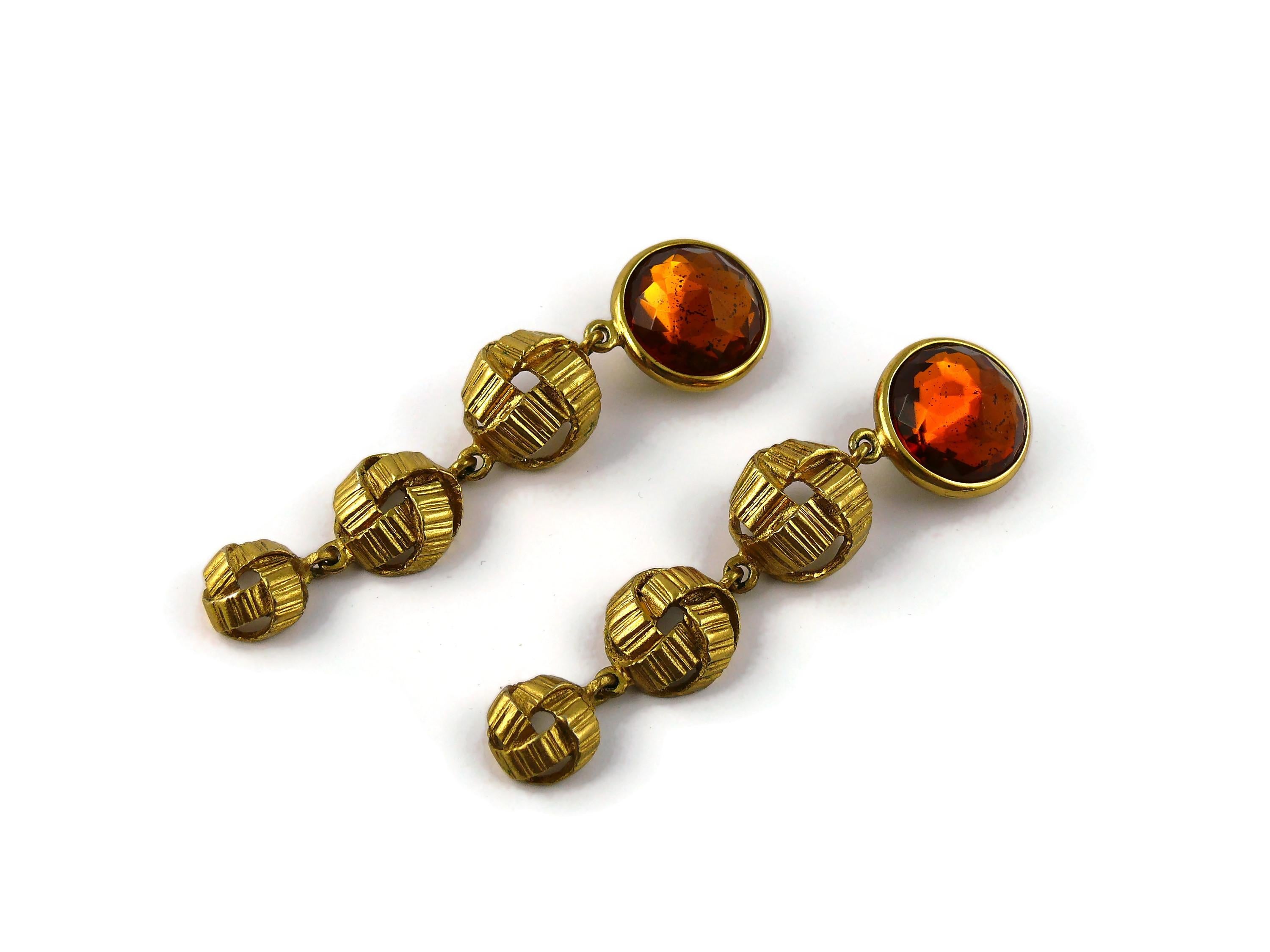 Yves Saint Laurent YSL Vintage Gold Toned Orange Resin Crystal Dangling Earrings For Sale 2