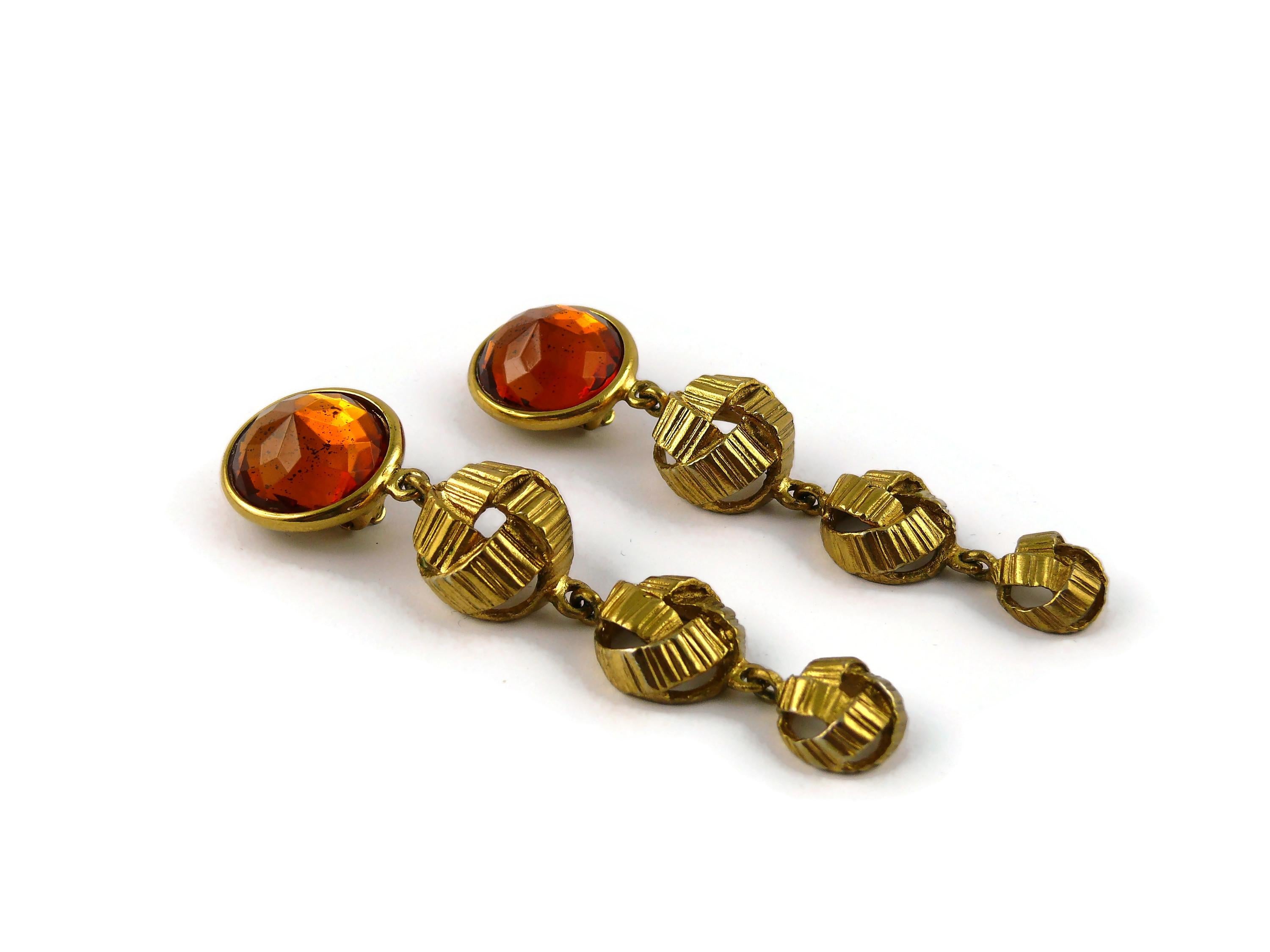 Yves Saint Laurent YSL Vintage Gold Toned Orange Resin Crystal Dangling Earrings For Sale 3