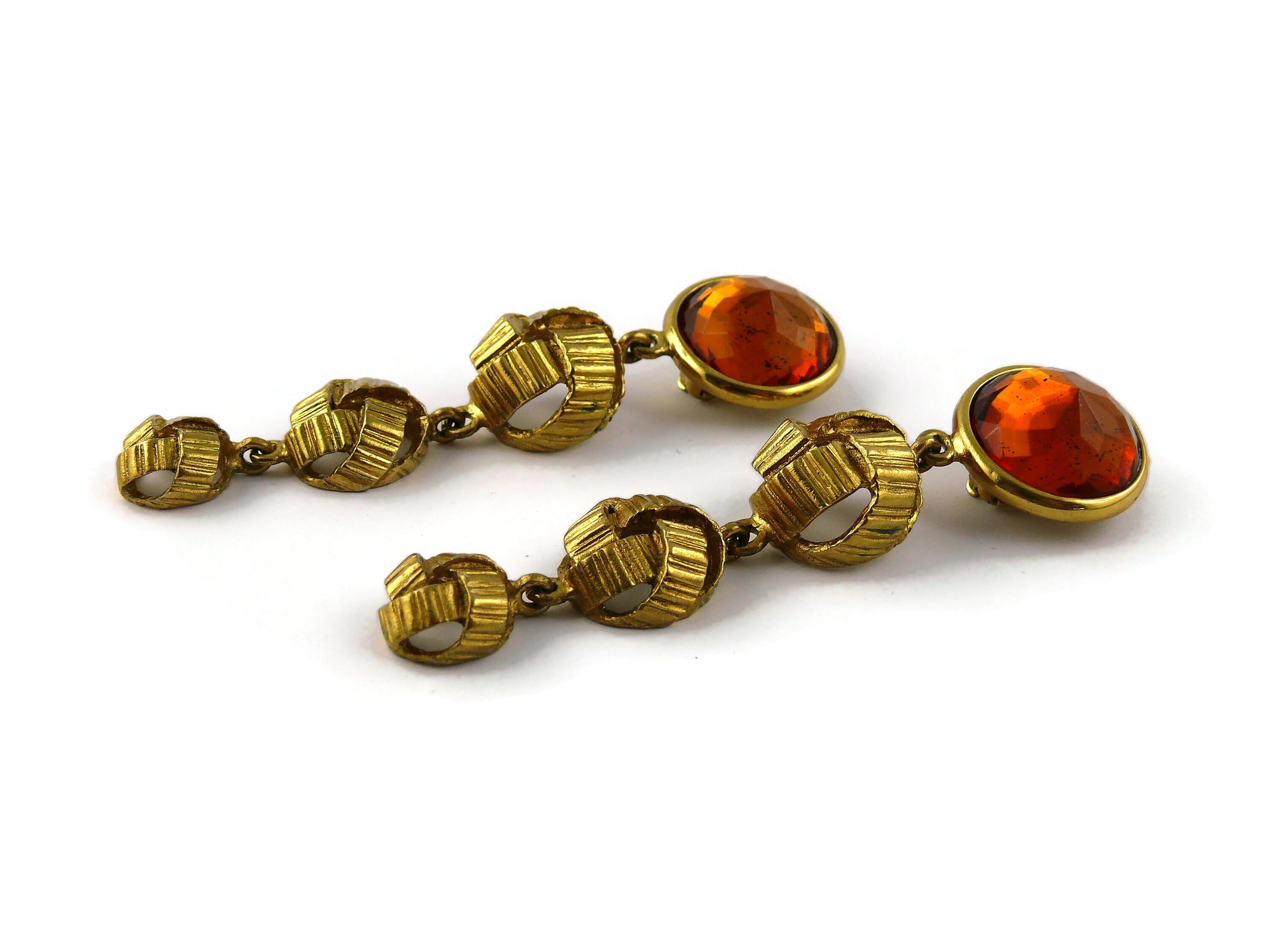 Yves Saint Laurent YSL Vintage Gold Toned Orange Resin Crystal Dangling Earrings For Sale 4
