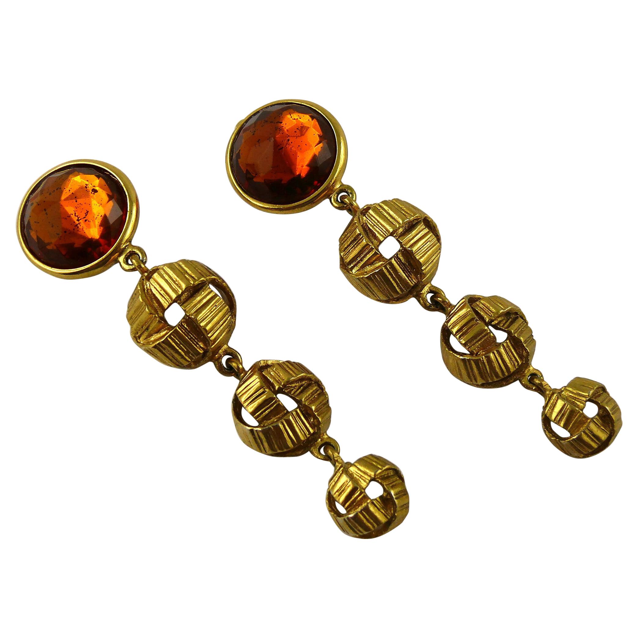 Yves Saint Laurent YSL Vintage Gold Toned Orange Resin Crystal Dangling Earrings
