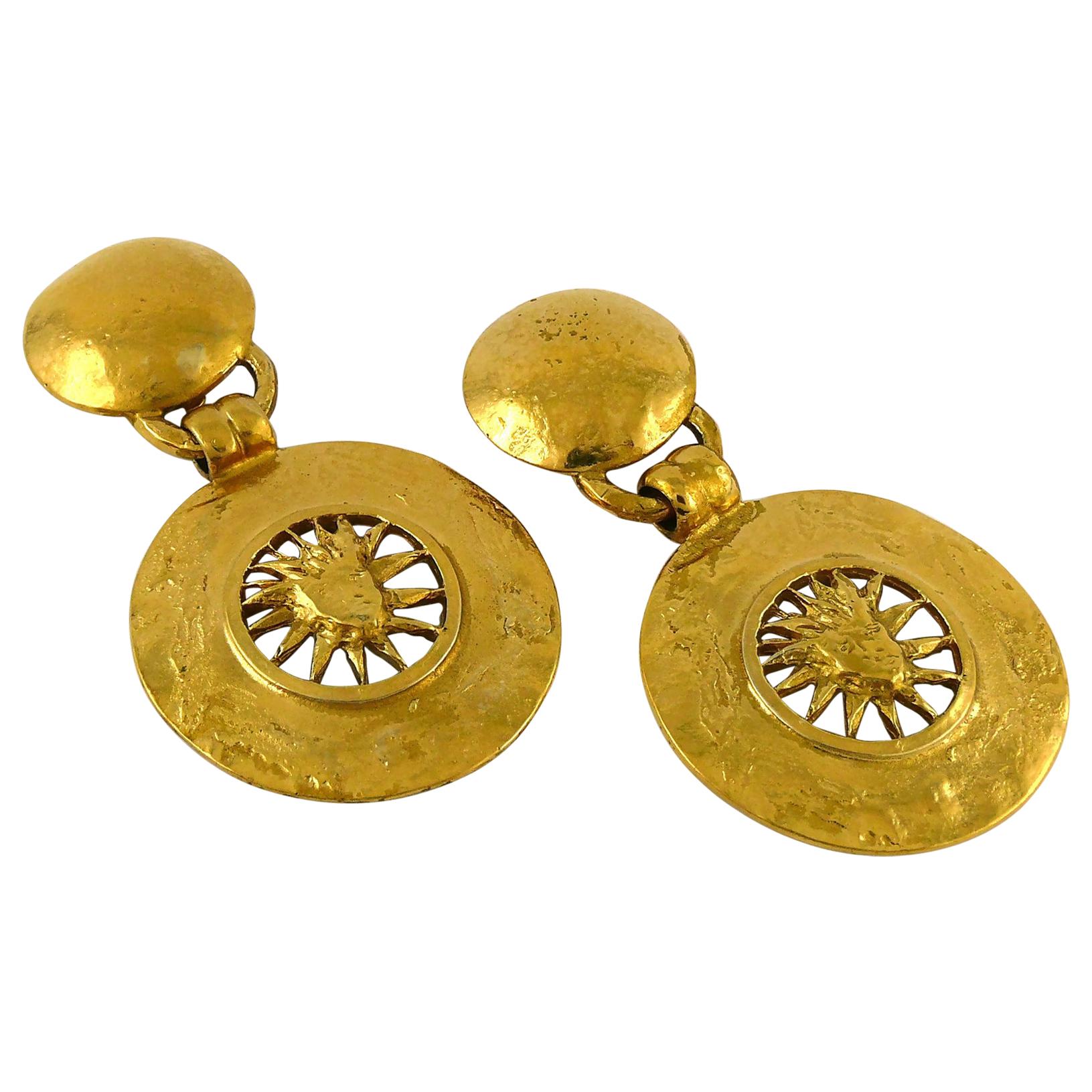 Yves Saint Laurent YSL Vintage Gold Toned Radiant Sun Dangling Earrings