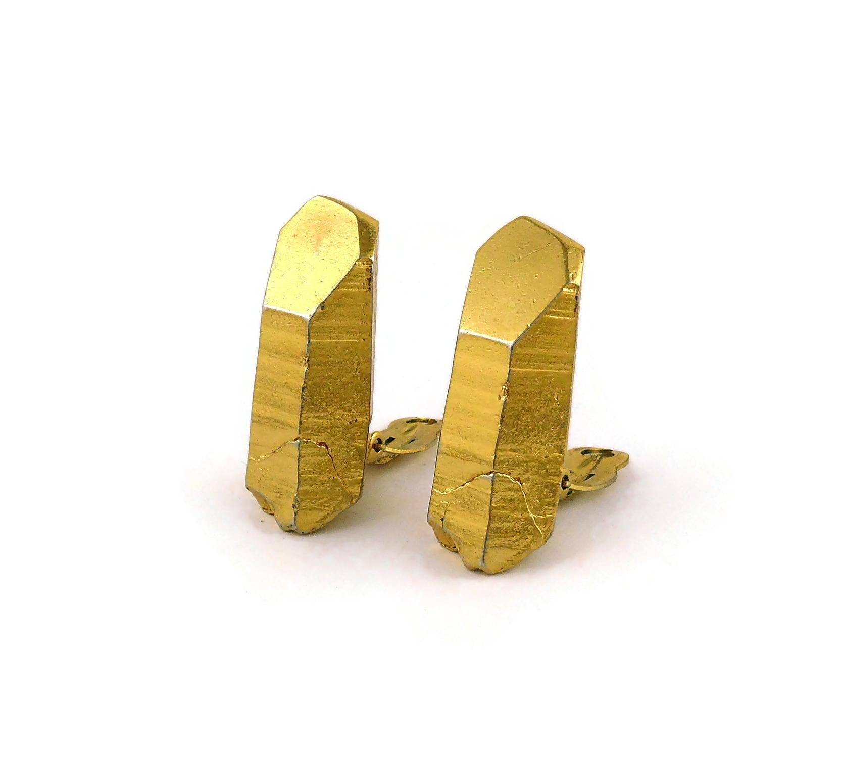 Yves Saint Laurent YSL Vintage Gold Toned Rock Crystal Shaped Clip On Earrings 1
