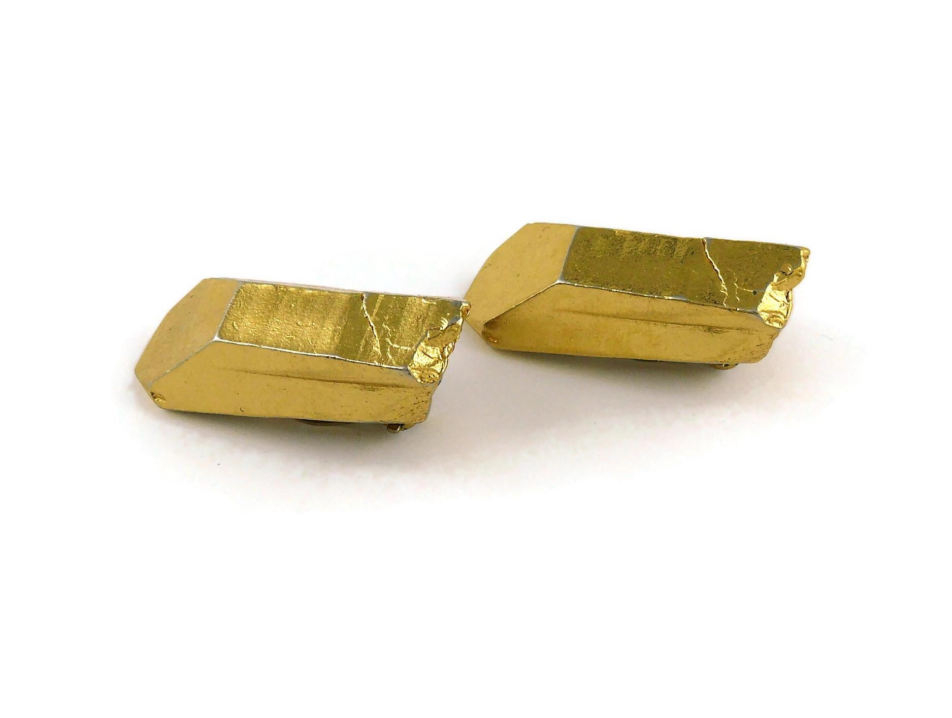 Yves Saint Laurent YSL Vintage Gold Toned Rock Crystal Shaped Clip On Earrings 2