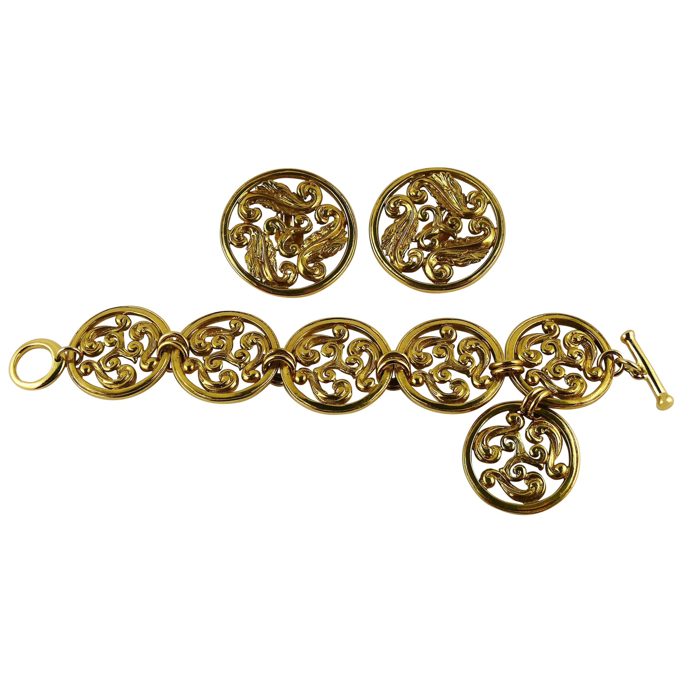 Yves Saint Laurent YSL Vintage Gold Toned Scrolls Bracelet and Earrings Set