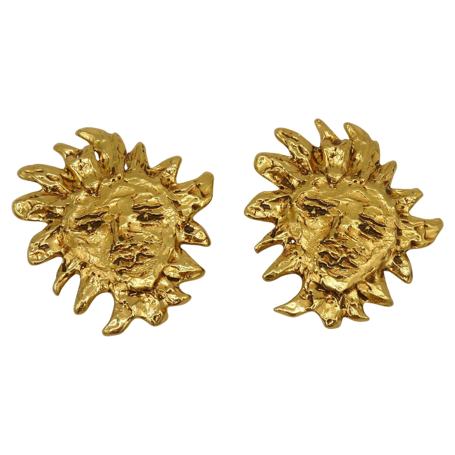 Yves Saint Laurent YSL Vintage Gold Toned Sun Face Clip-On Earrings