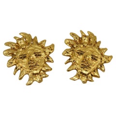 Yves Saint Laurent YSL Vintage Gold Toned Sun Face Clip-On Earrings