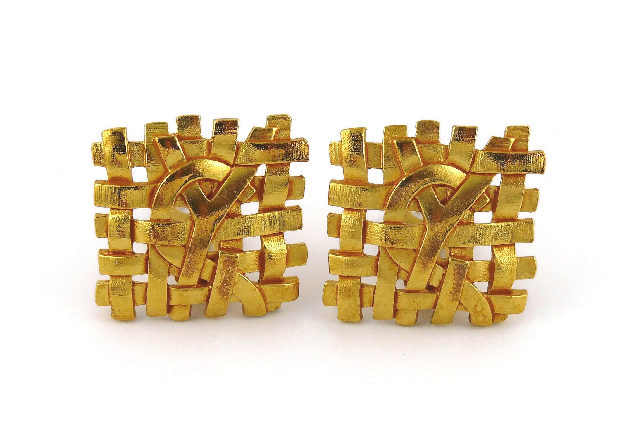 Women's Yves Saint Laurent YSL Vintage Gold Toned Woven Clip-On Earrings