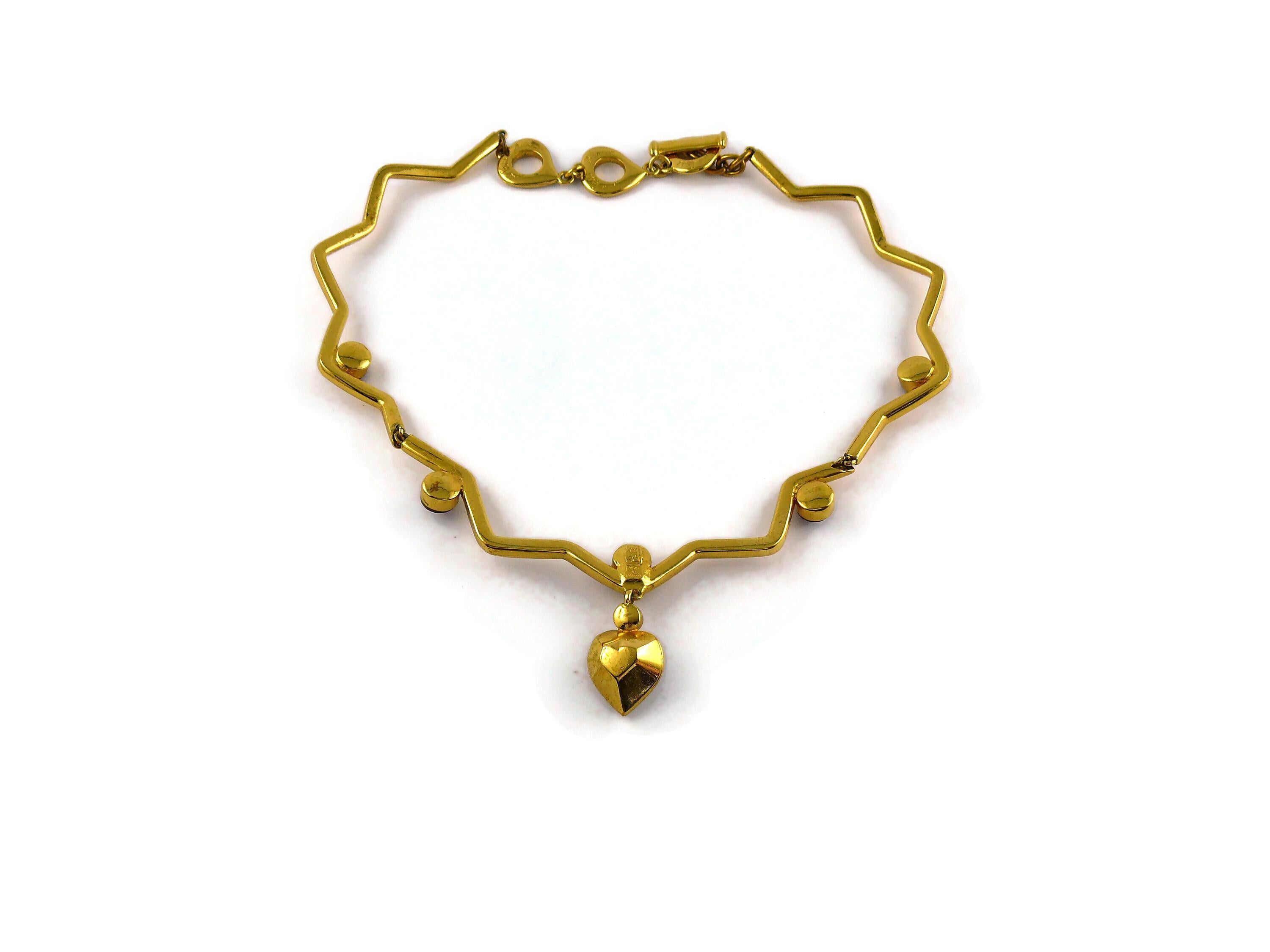 Yves Saint Laurent YSL Vintage Gold Toned Zig Zag Crystal Heart Pendant Necklace For Sale 5