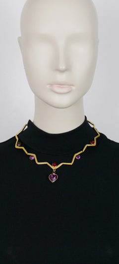 Yves Saint Laurent YSL Vintage Gold Toned Zig Zag Crystal Heart Pendant Necklace