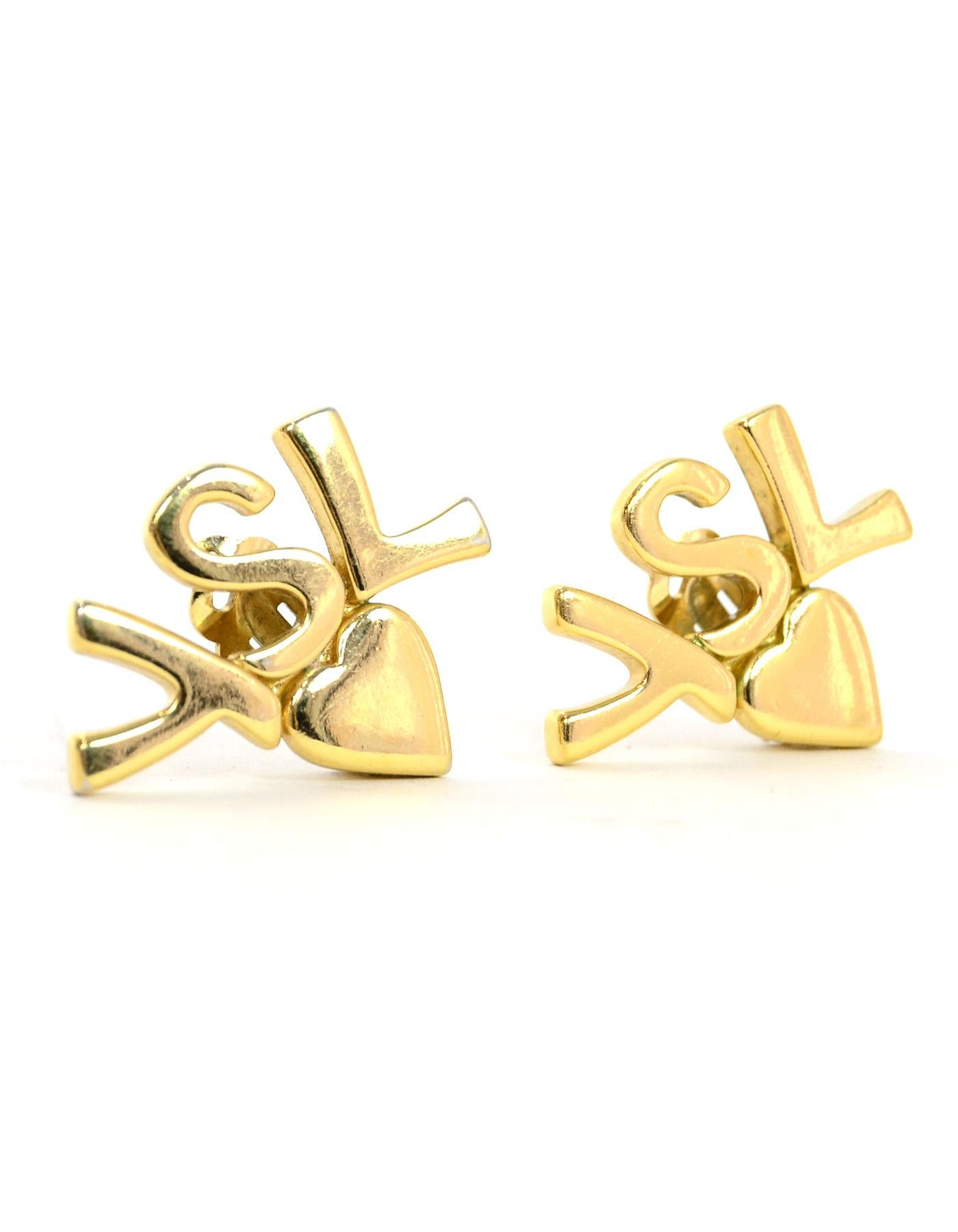 Yves Saint Laurent YSL Vintage Goldtone Heart Logo Clip On Earrings In Excellent Condition In New York, NY