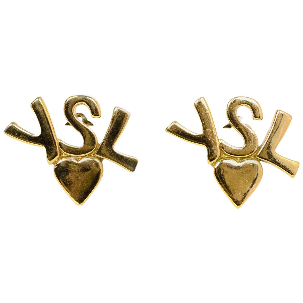 Yves Saint Laurent YSL Vintage Goldtone Heart Logo Clip On Earrings