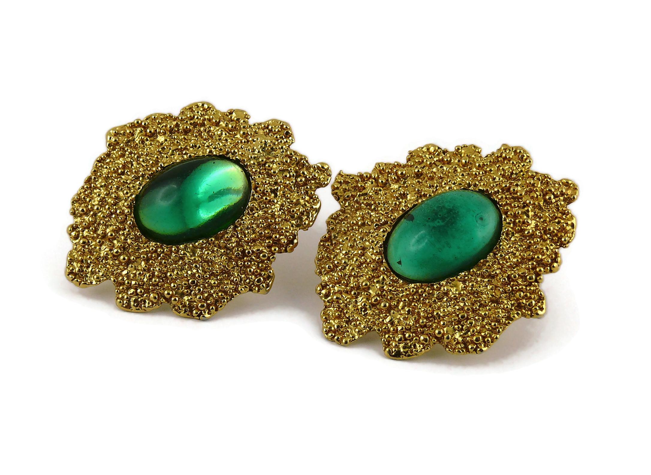 Yves Saint Laurent YSL Vintage Green Cabochon Textured Clip-On Earrings 1