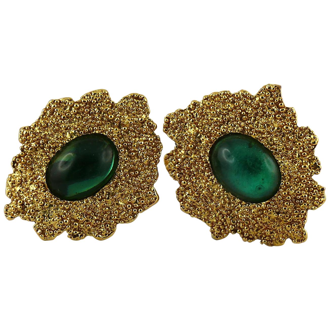 Yves Saint Laurent YSL Vintage Green Cabochon Textured Clip-On Earrings