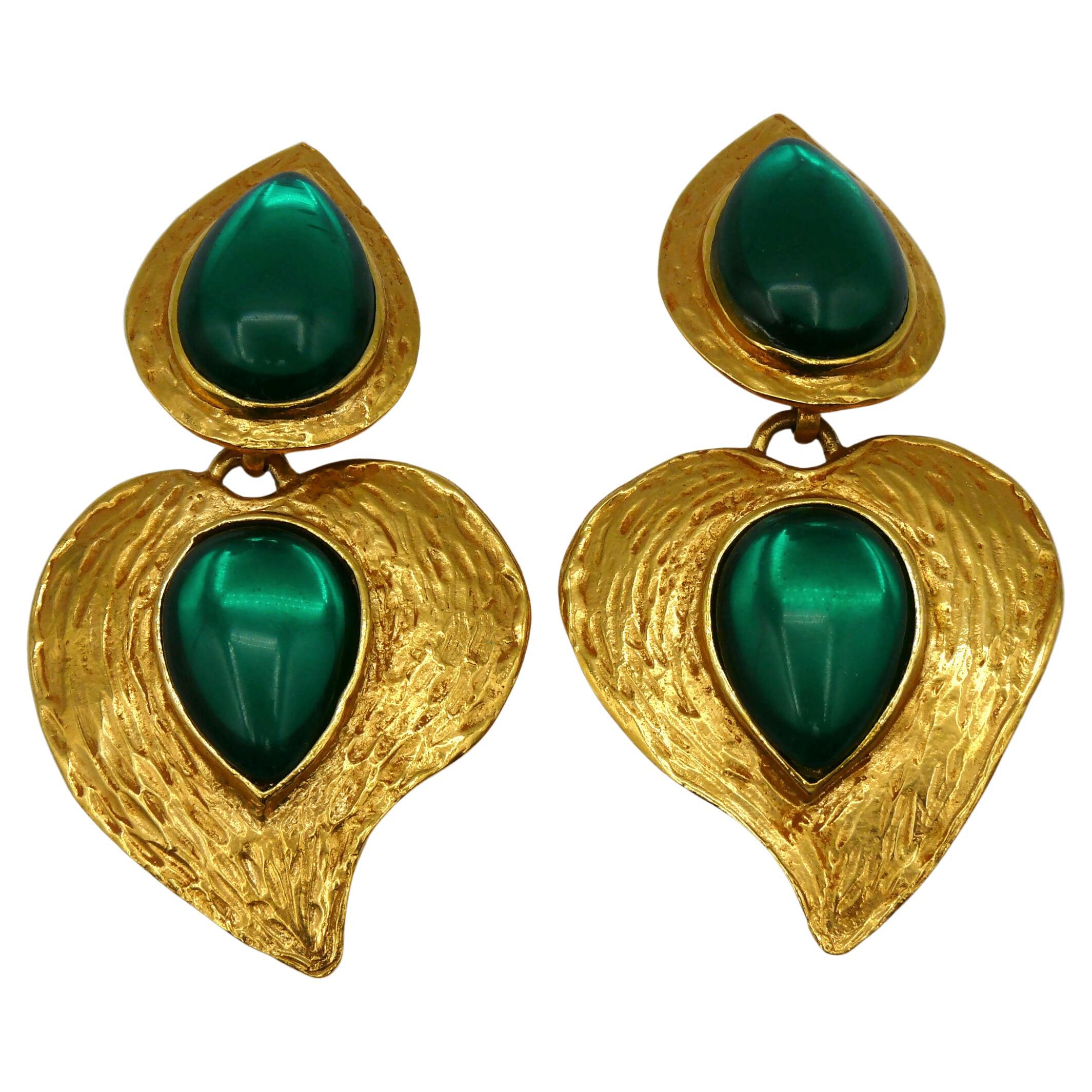 YVES SAINT LAURENT YSL Vintage Green Glass Heart Dangling Earrings