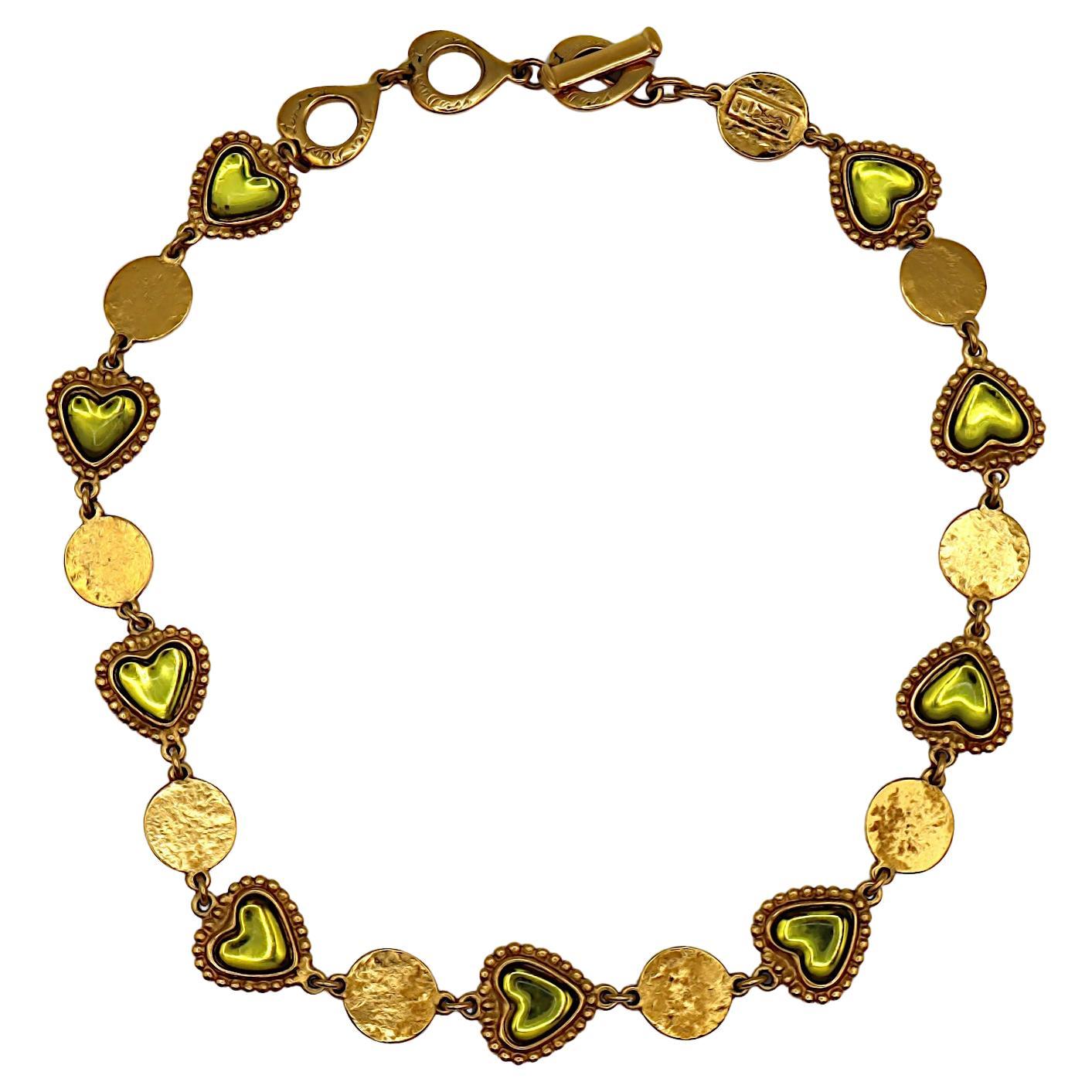 YVES SAINT LAURENT YSL Vintage Green Heart Cabochon Necklace