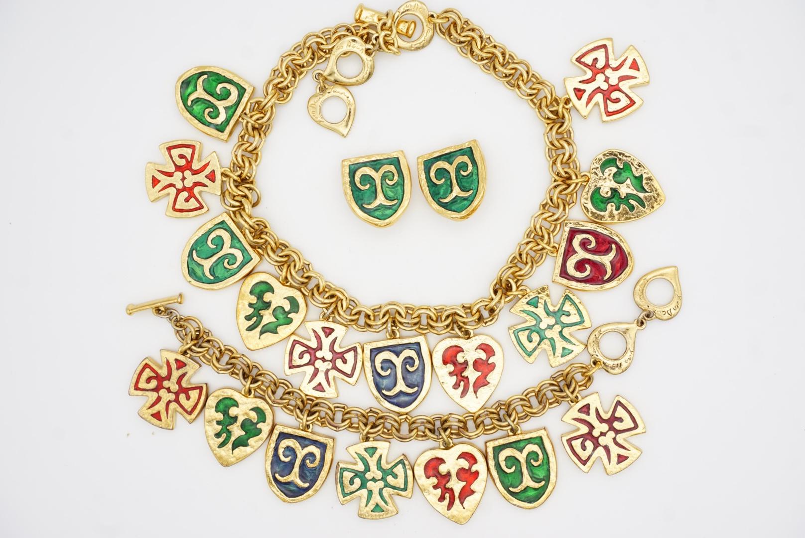 Yves Saint Laurent YSL Vintage Green Red Navy Maltese Cross Heart Shield 3 Set For Sale 6