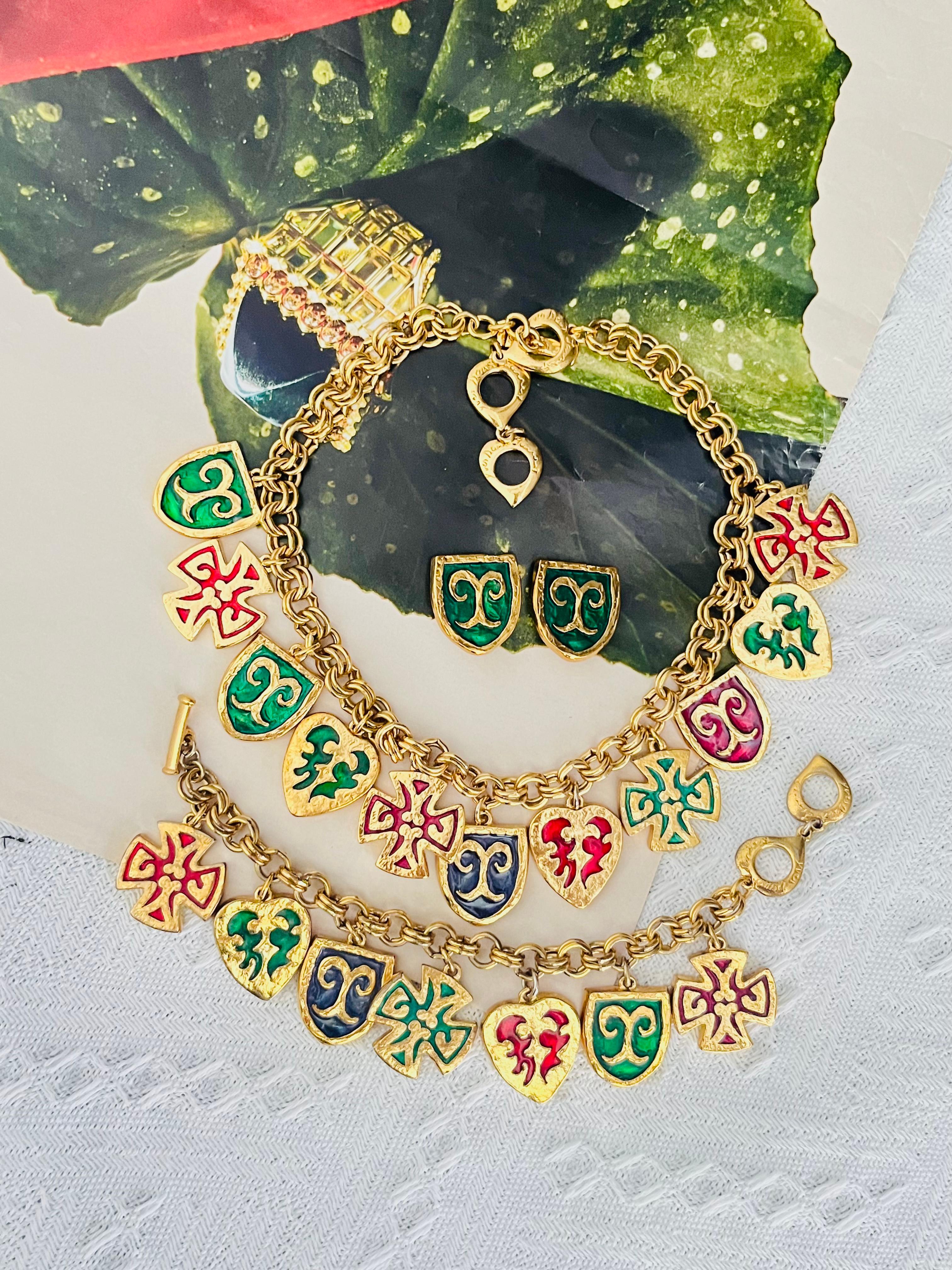 Art Deco Yves Saint Laurent YSL Vintage Green Red Navy Maltese Cross Heart Shield 3 Set For Sale