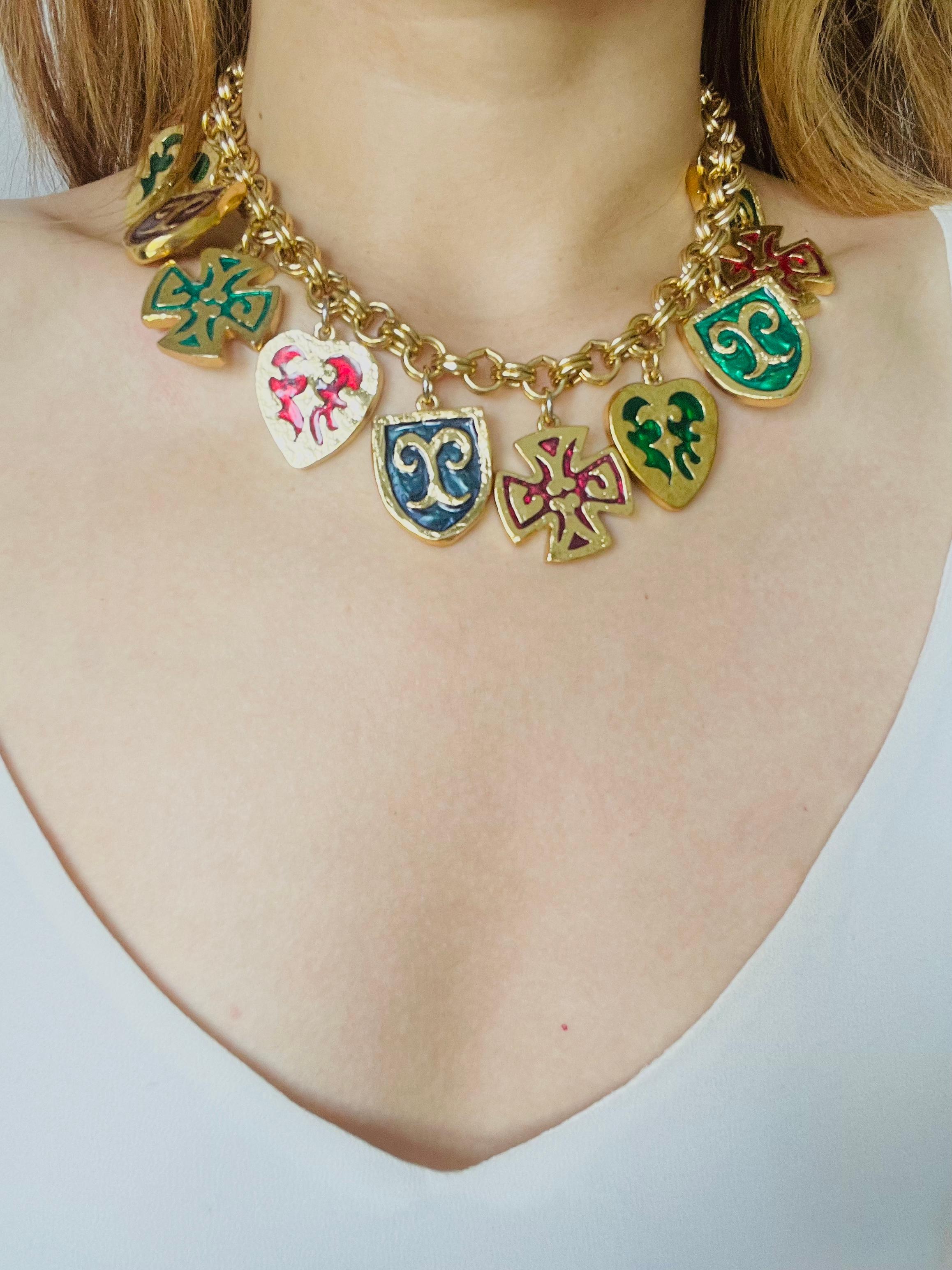 Yves Saint Laurent YSL Vintage Green Red Navy Maltese Cross Heart Shield 3 Set For Sale 3