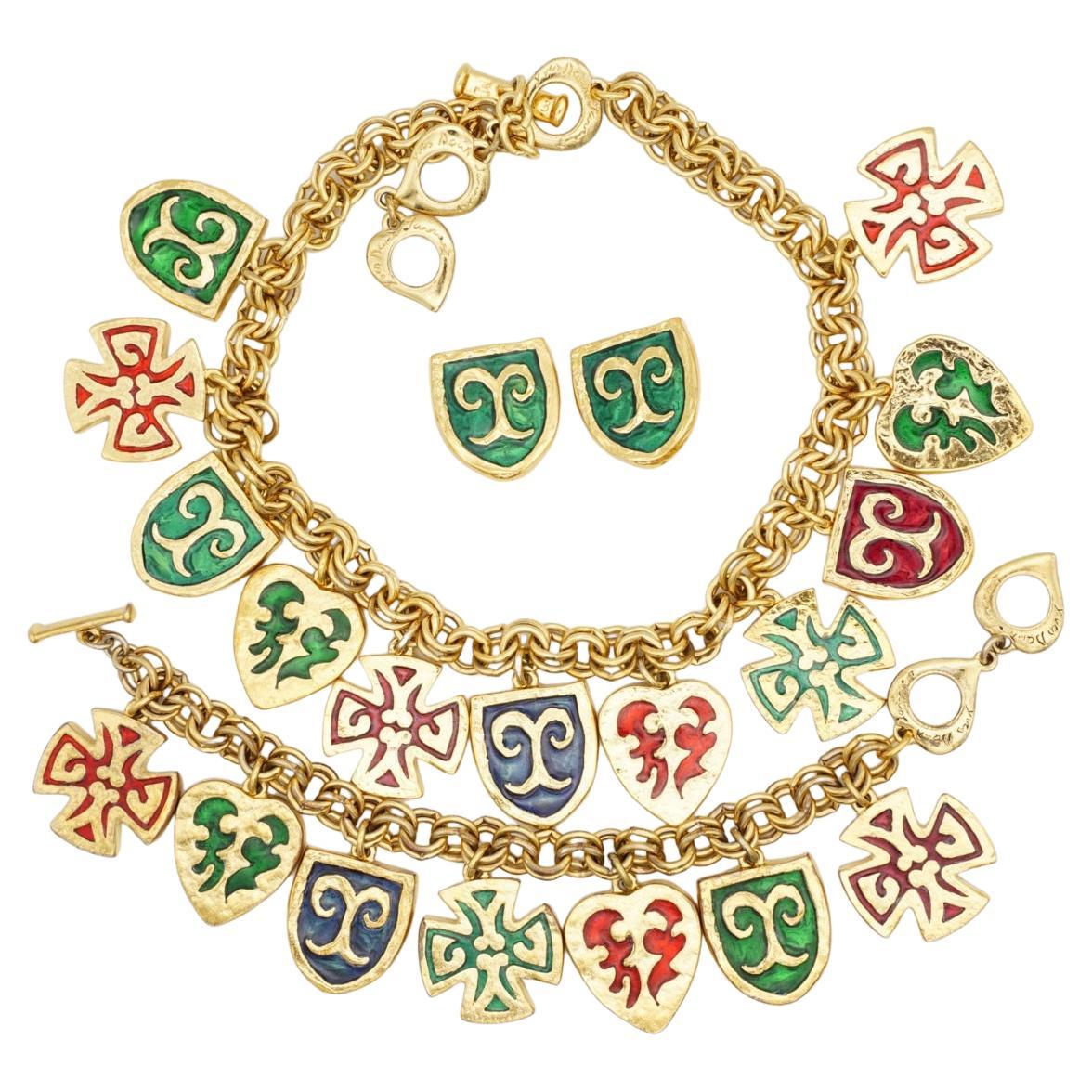 Yves Saint Laurent YSL Vintage Green Red Navy Maltese Cross Heart Shield 3 Set For Sale