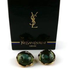 Yves Saint Laurent YSL Vintage Green Resin Cabochon Clip-On Earrings