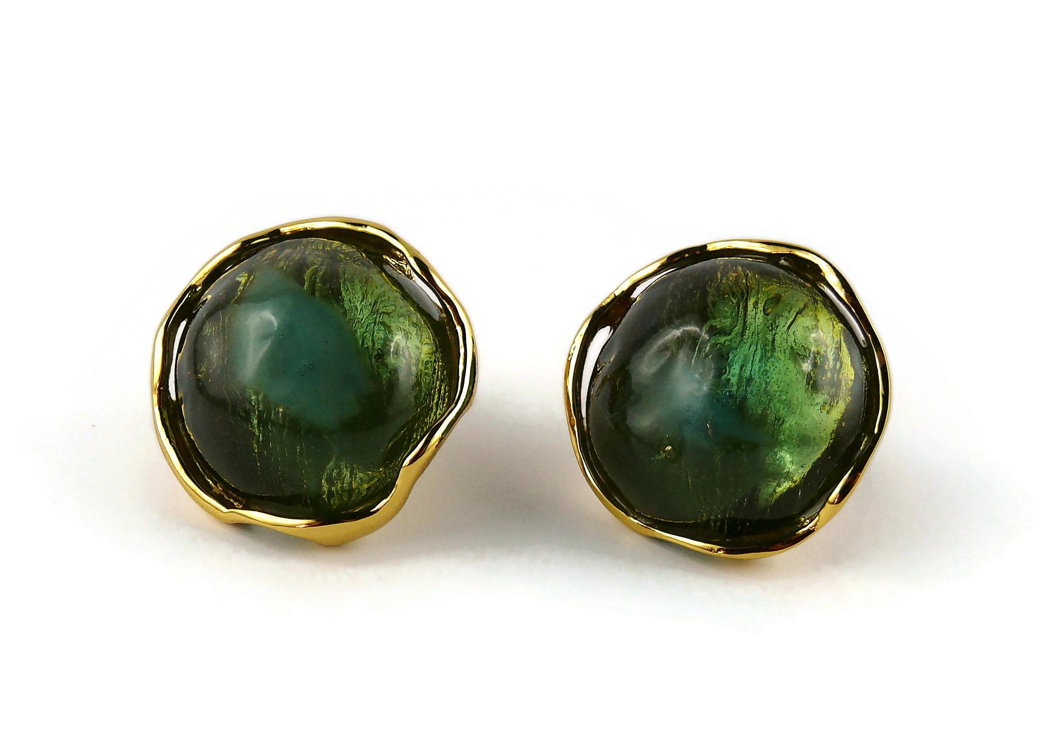 Yves Saint Laurent YSL Vintage Green Resin Cabochon Clip-On Earrings For Sale 1