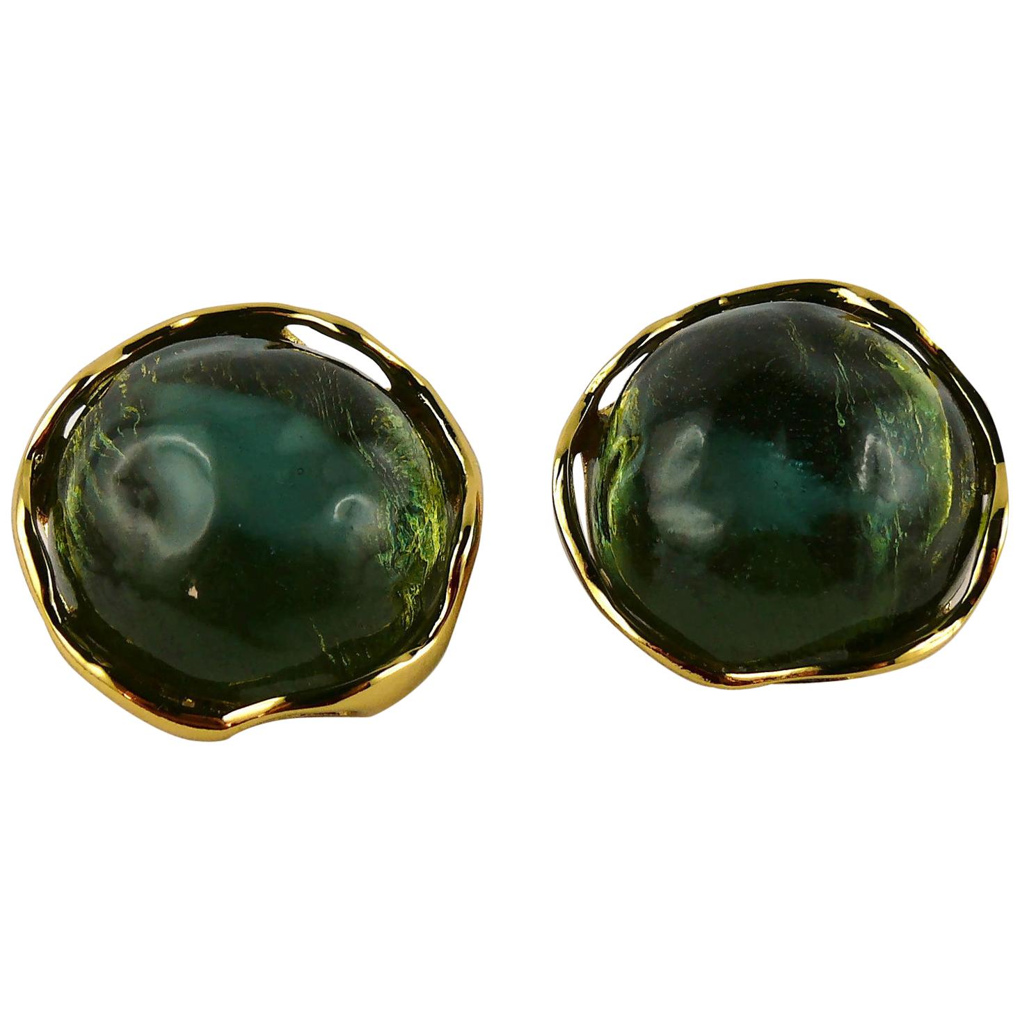Yves Saint Laurent YSL Vintage Green Resin Cabochon Clip-On Earrings For Sale