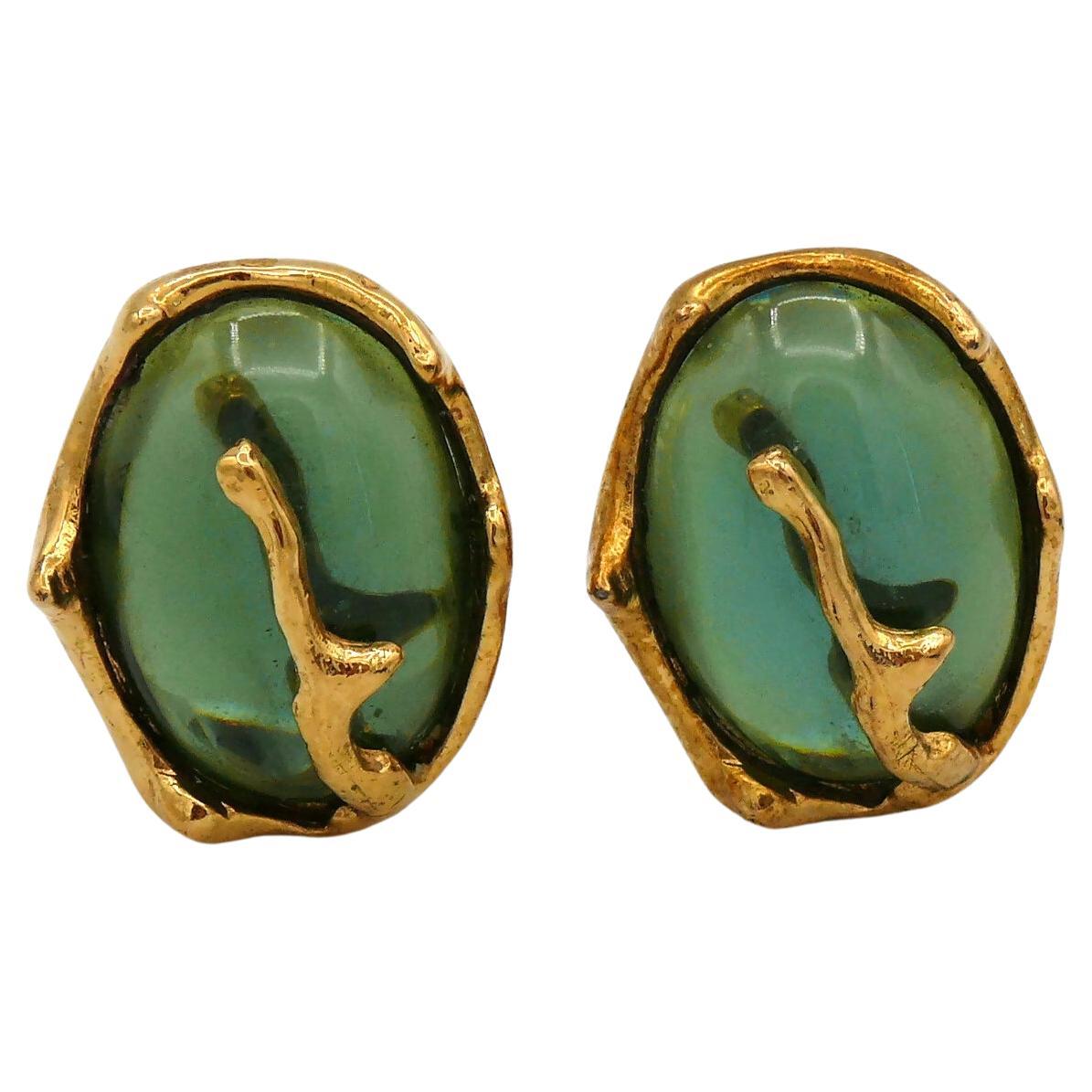 YVES SAINT LAURENT YSL Vintage Green Resin Clip-On Earrings For Sale