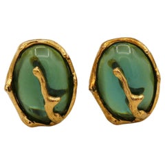 YVES SAINT LAURENT YSL Boucles d'oreilles à clip vintage en résine verte