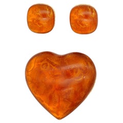 Yves Saint Laurent YSL Vintage Gripoix Amber Gold Heart Love Square 2 Set